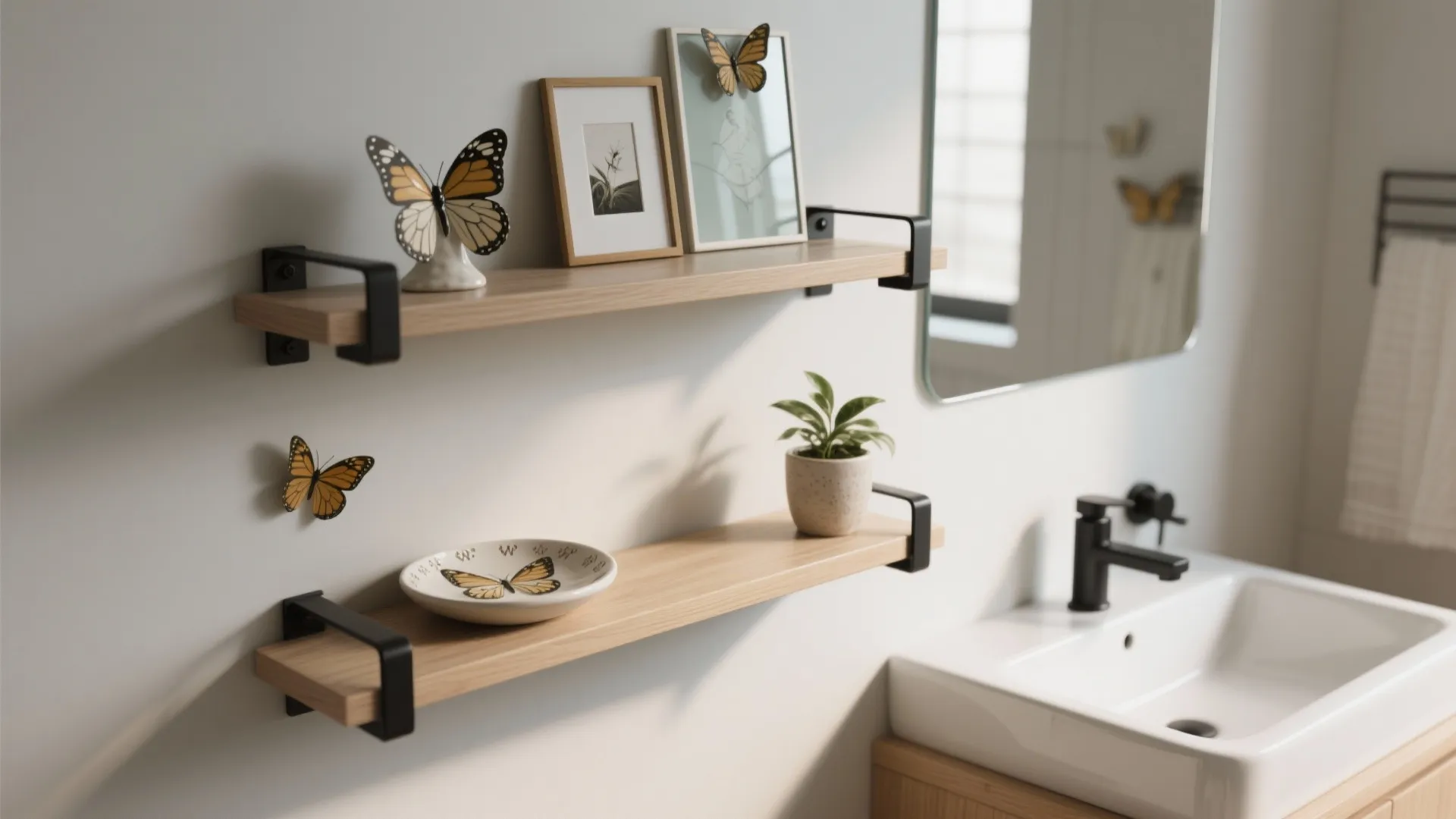Bathroom wall with wooden floating shelves holding pictures and butterfly decorations above a white sink