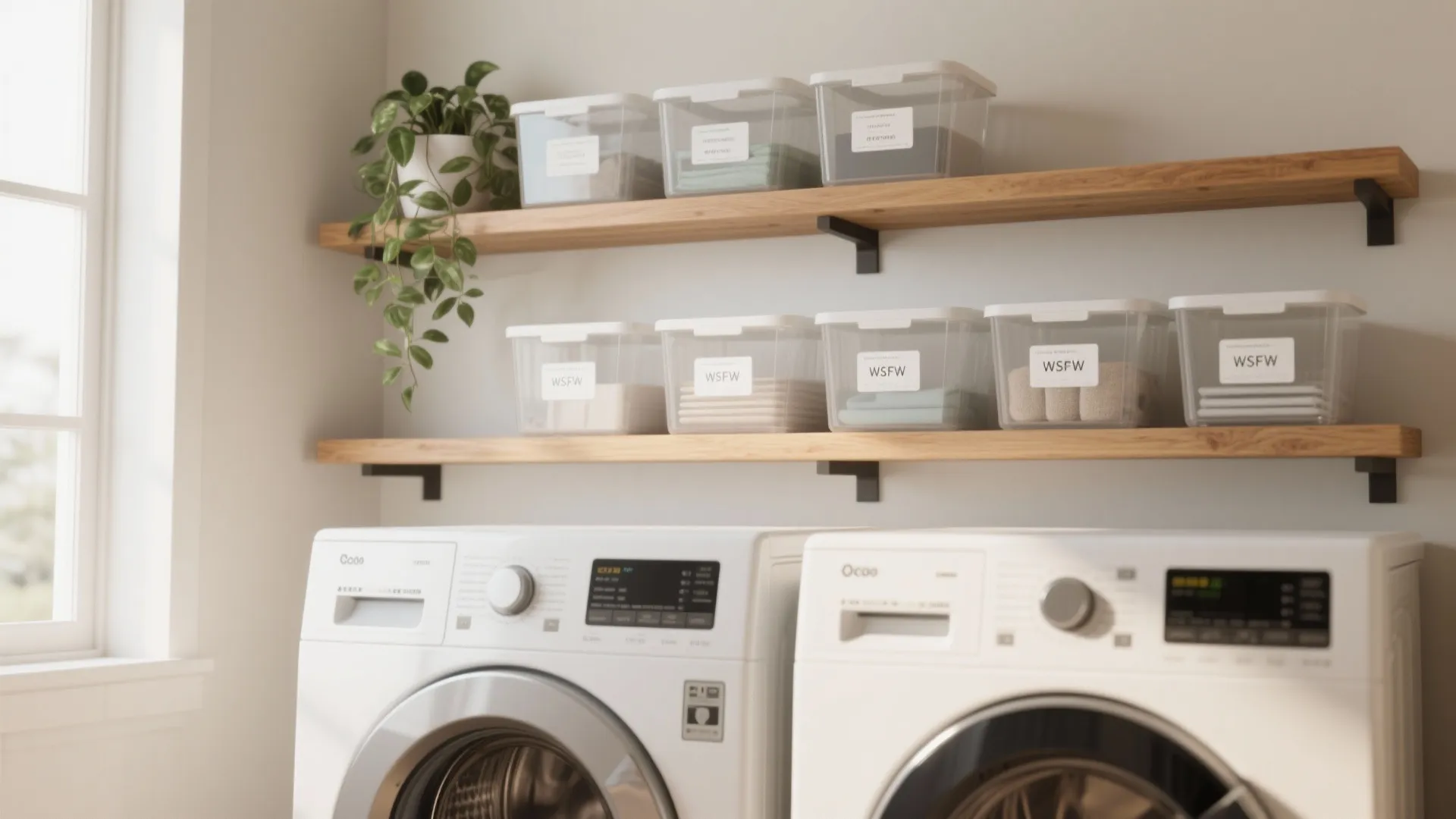 Laundry room with washing machine dryer and two wooden shelves holding several clear labeled bins