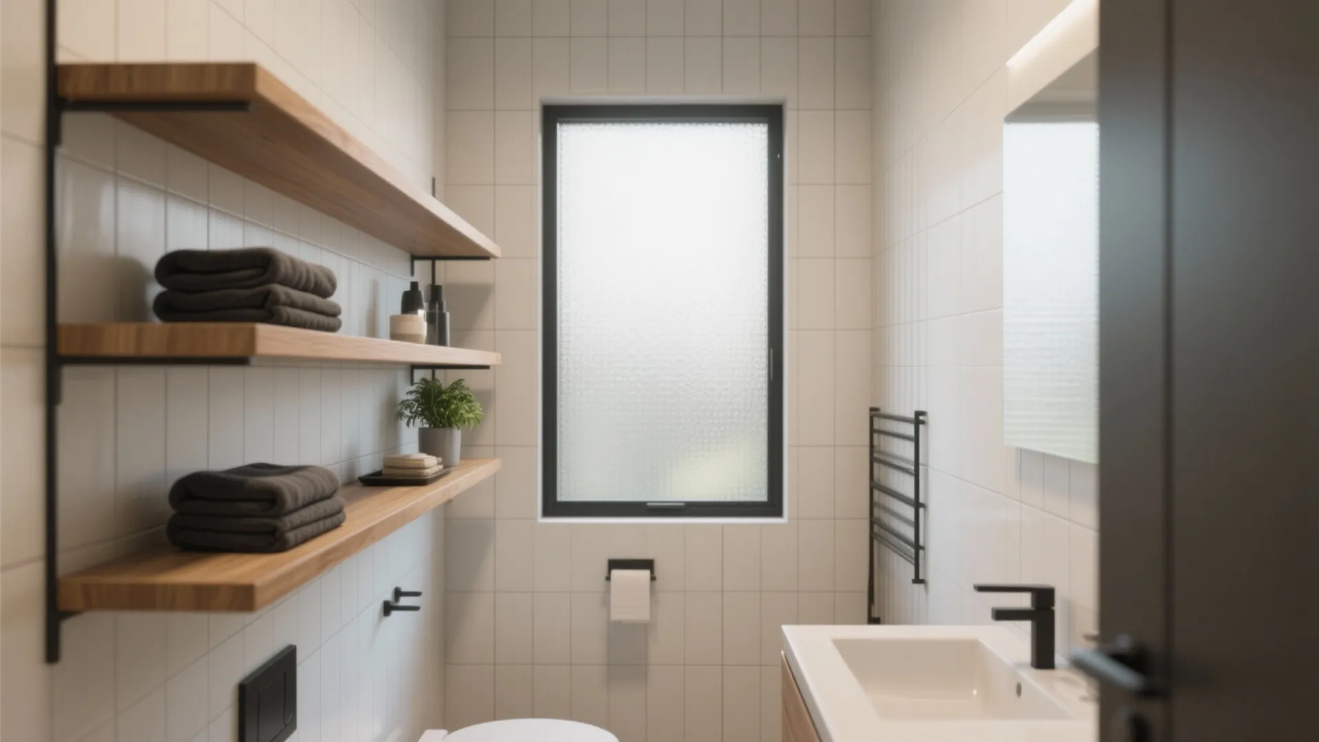 Modern white bathroom with wooden floating wall shelves holding folded towels and small green plants