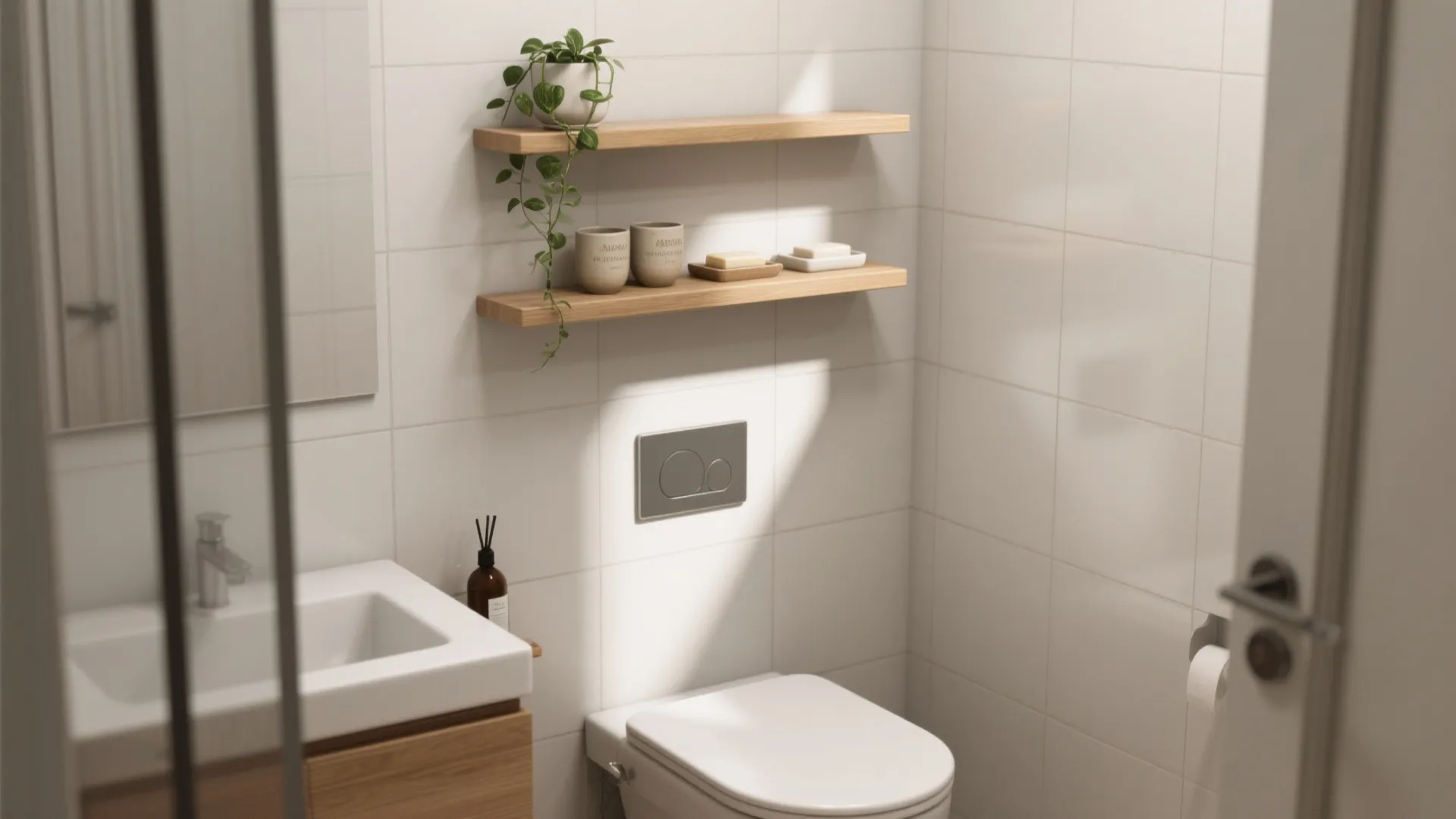 3. Floating shelves and slim storage