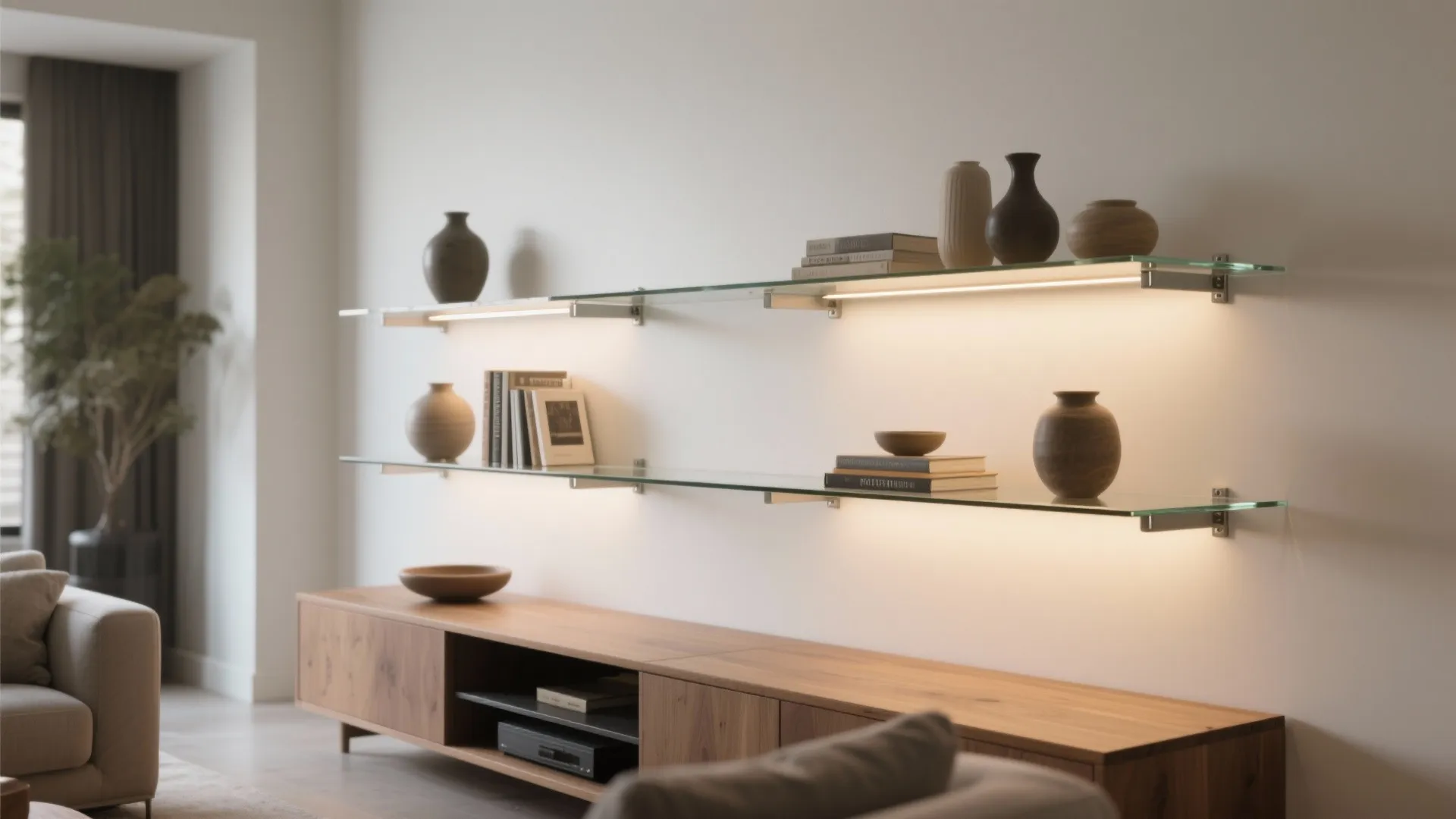 Floating glass shelves with integrated lighting