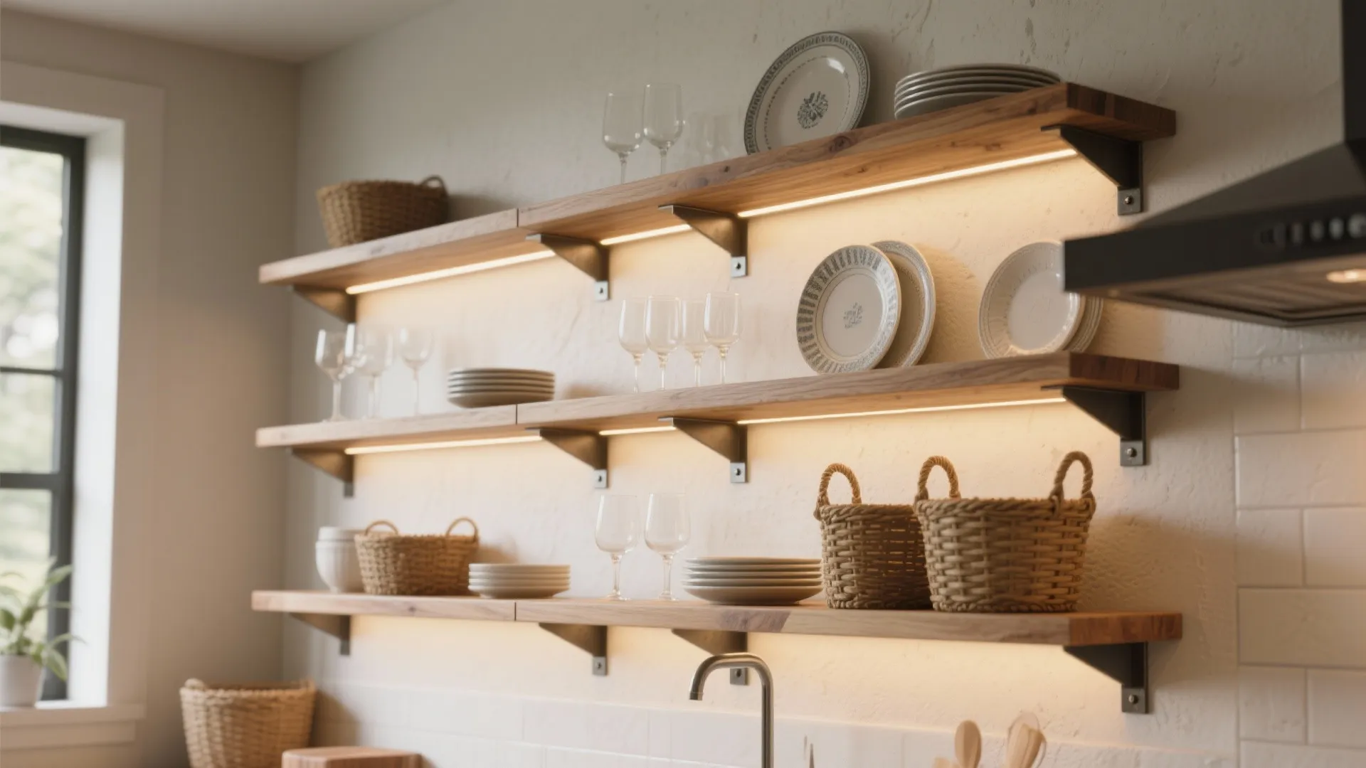 Wooden wall shelves with light fixtures holding plates glasses and small baskets in a kitchen