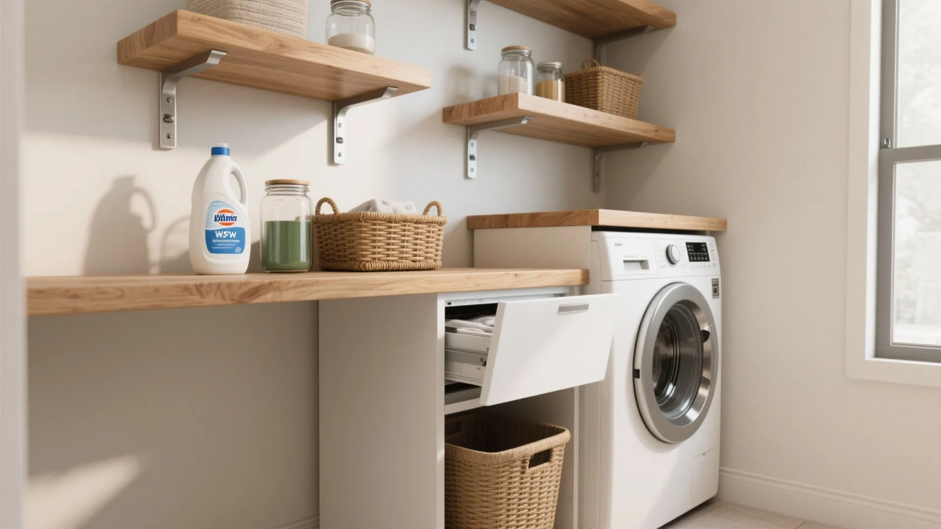 1. Floating Shelves with Hidden Hampers