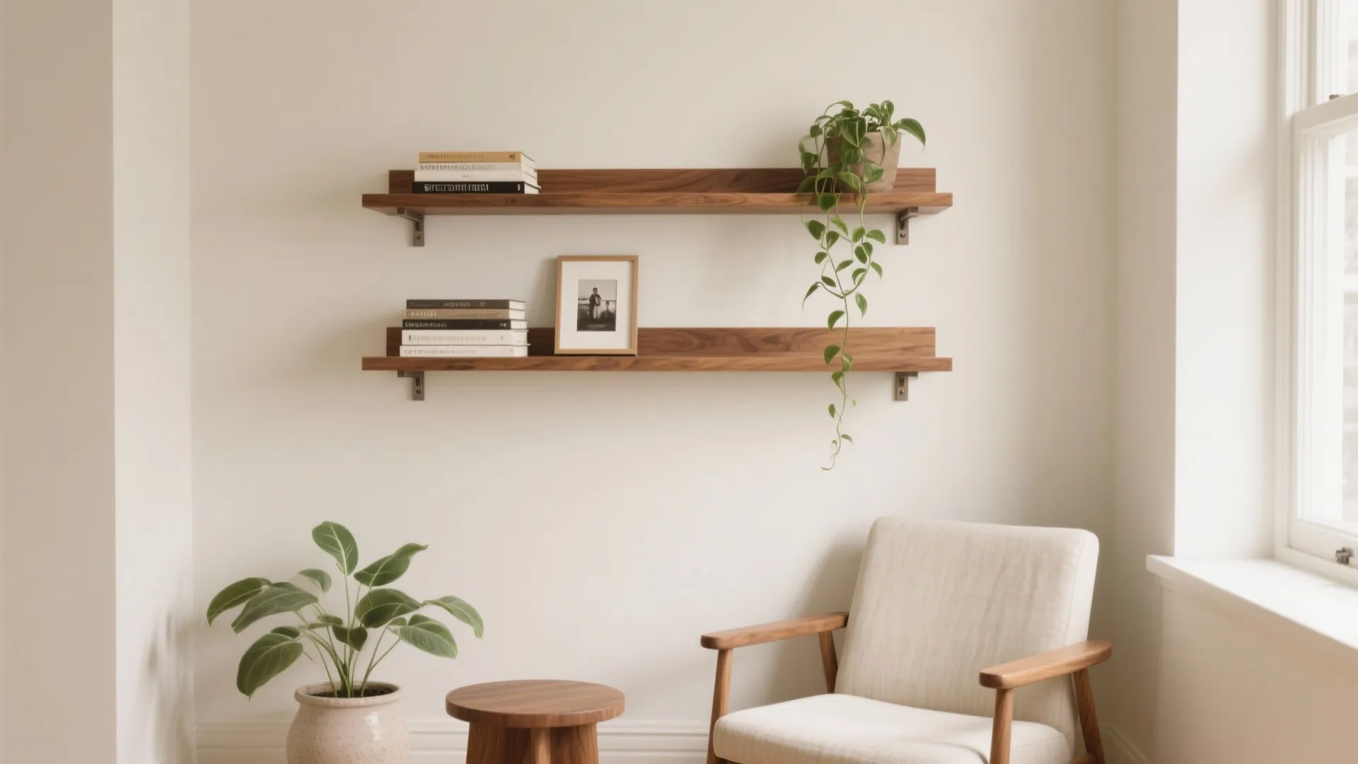 Two wooden wall shelves with books, picture frame, hanging plant above white chair and table