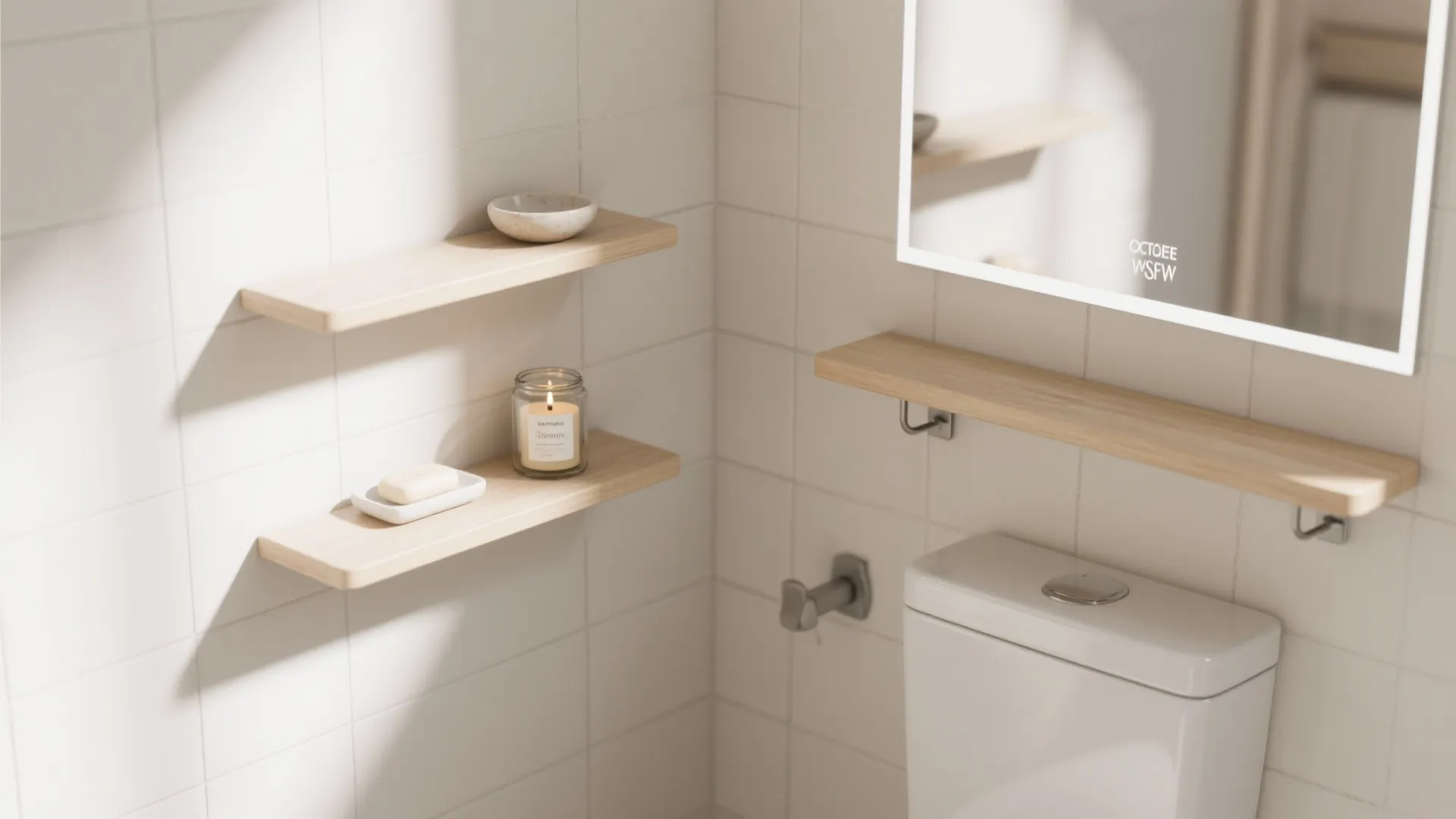 White tiled bathroom featuring light wood floating shelves with candle soap bowl and white toilet