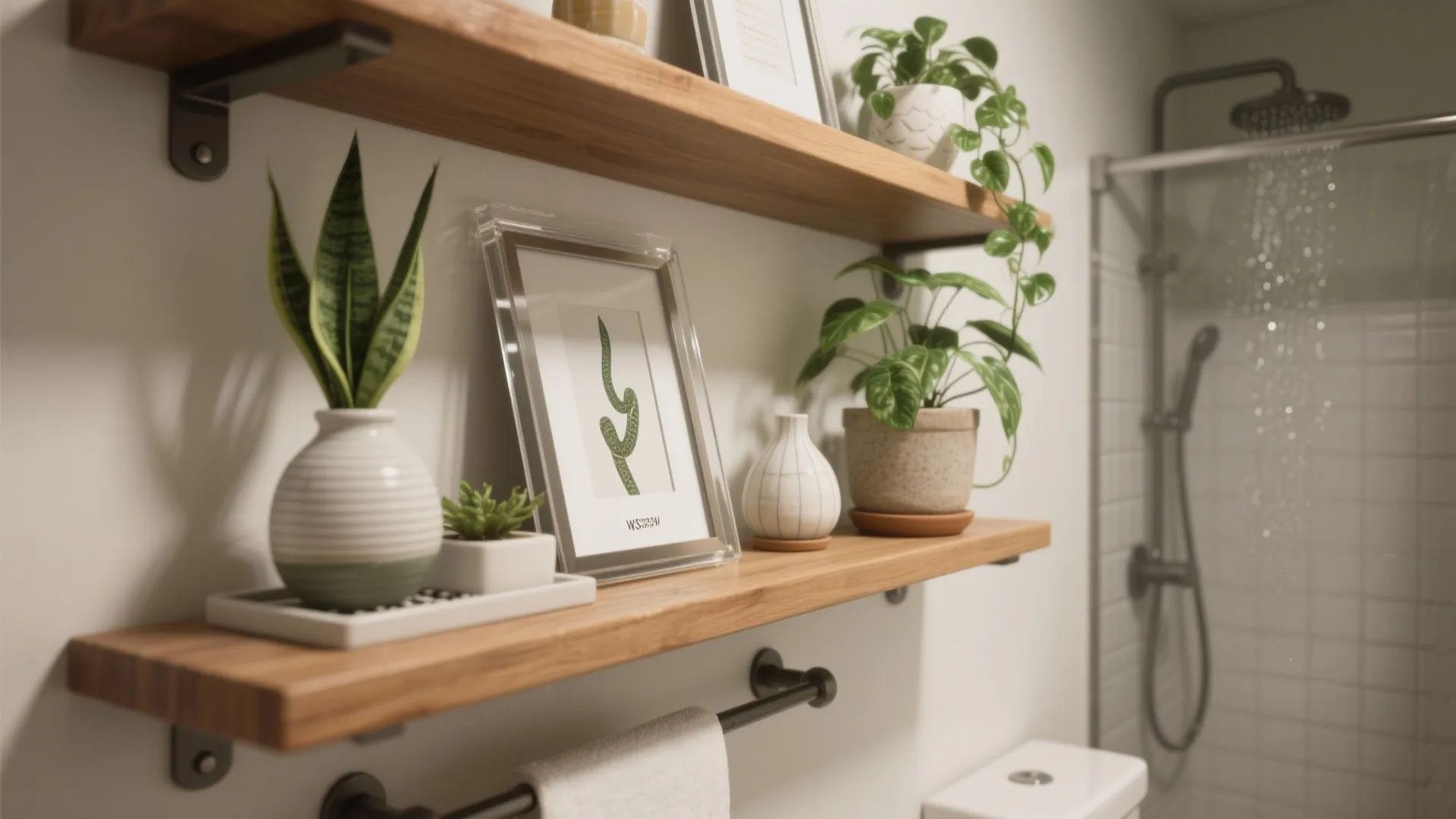 Wooden floating shelves in a bathroom holding green plants, a picture frame, and small vases