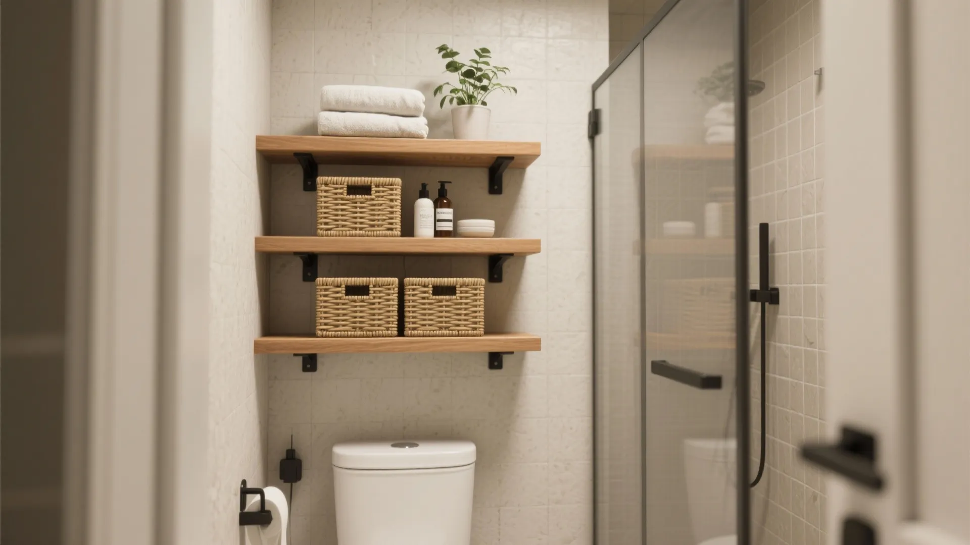 Three wooden floating shelves above toilet holding woven baskets folded towels and small green plant