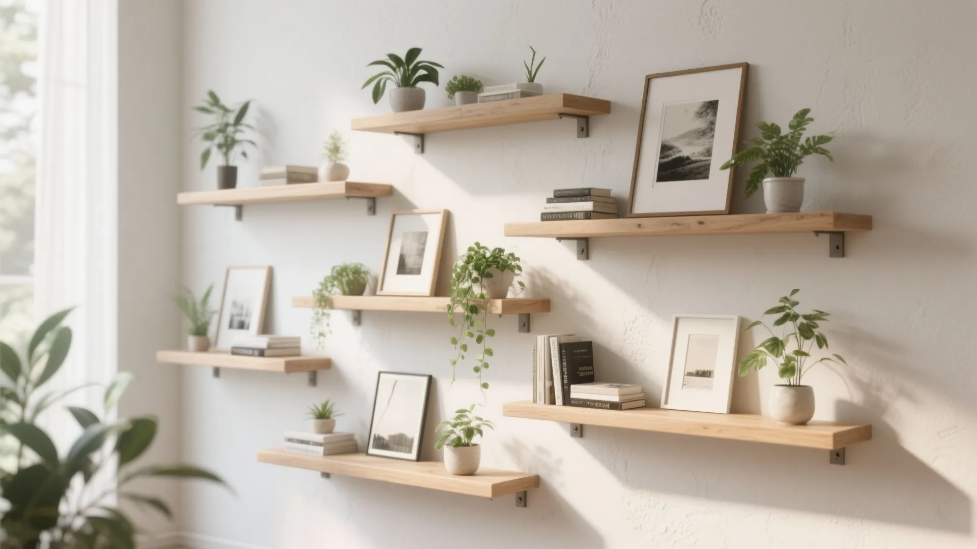 Multiple wooden floating wall shelves displaying framed pictures potted green plants and books on wall
