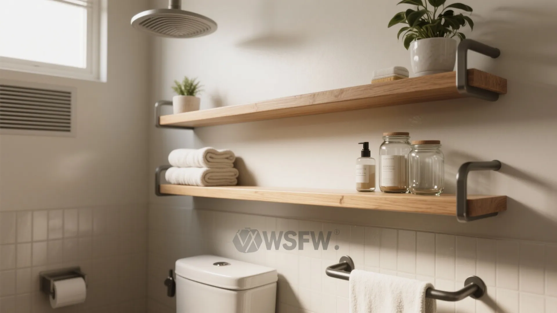 Modern bathroom featuring two wooden floating shelves holding folded white towels and glass storage jars