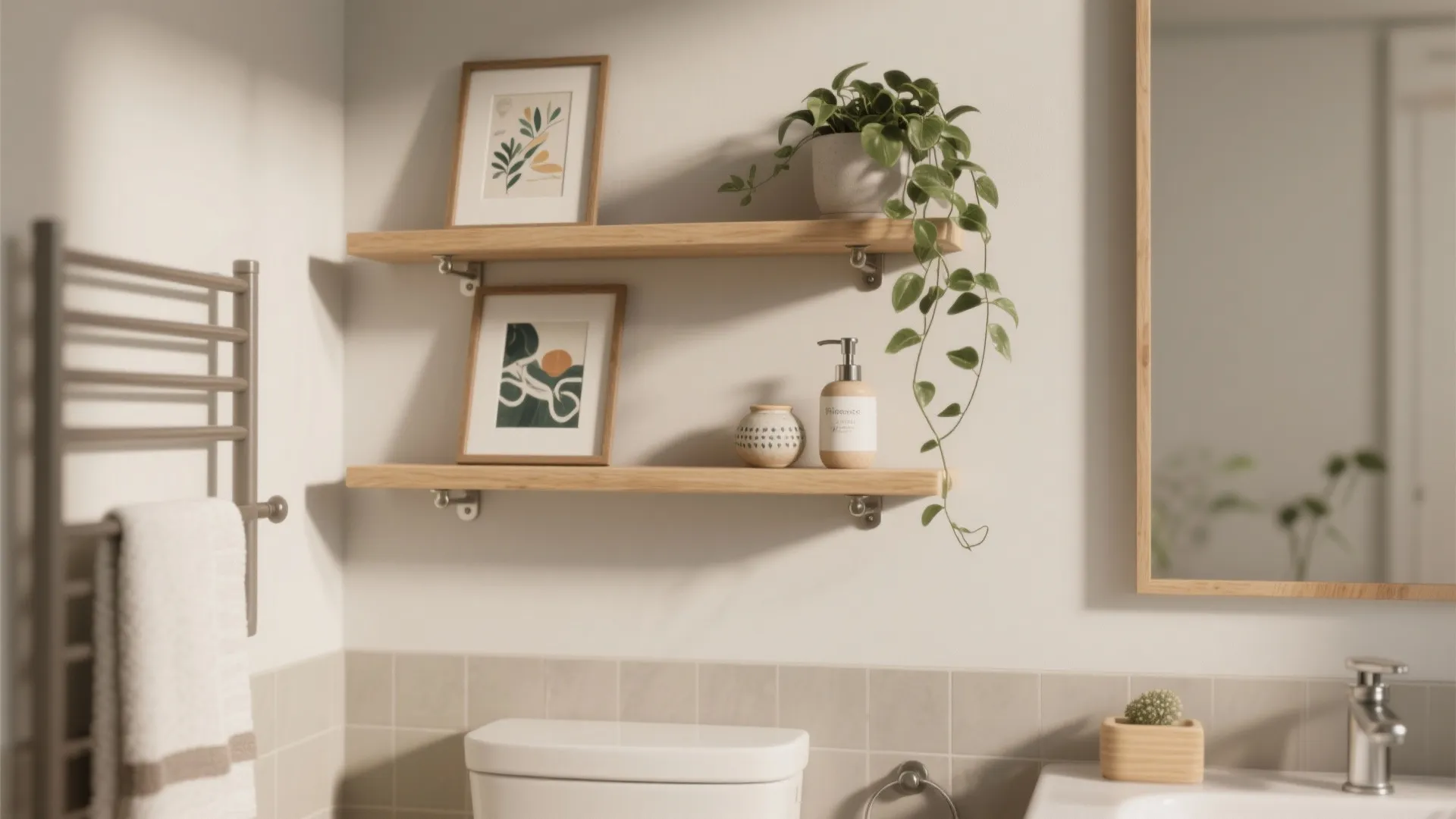 Two wooden floating shelves above white toilet with green plants framed art and soap bottle