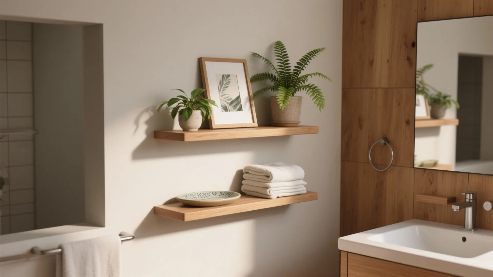Two wooden wall shelves holding green plants, a small picture, and white folded bathroom towels
