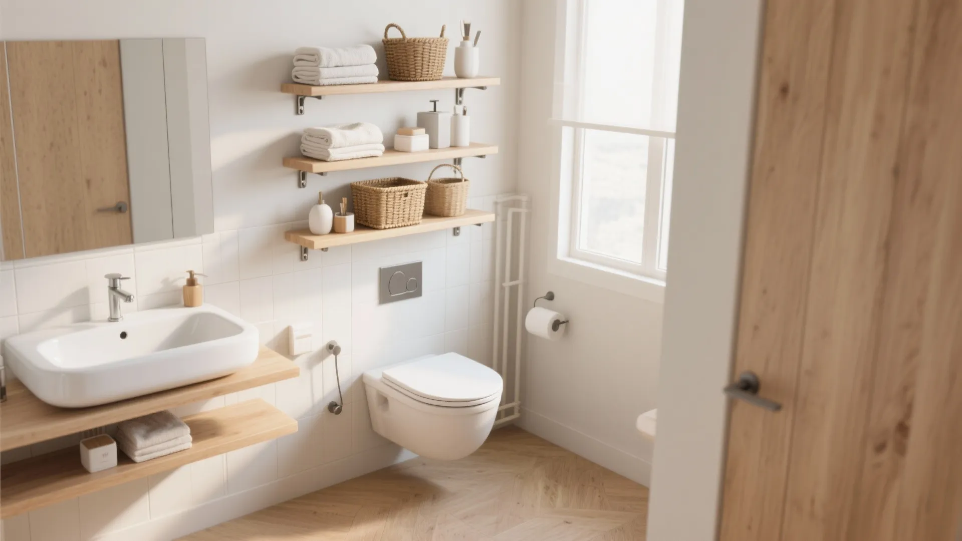 Modern bathroom featuring white tiles, wooden floating shelves with baskets, white sink, and wall-mounted toilet