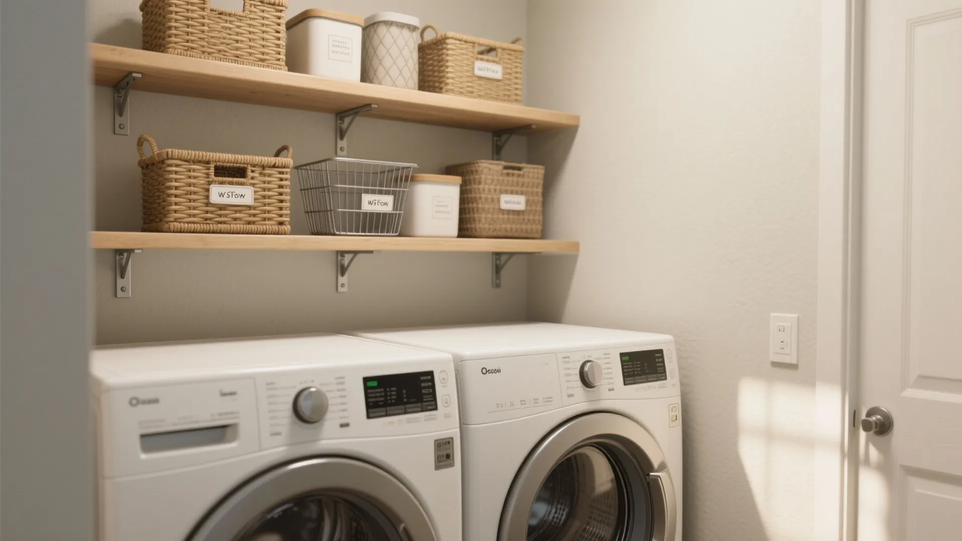Close up of two white washing machines with wooden shelves holding woven baskets and containers
