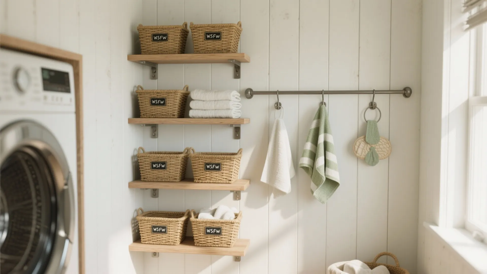 4. Floating shelves plus baskets for flexible styling