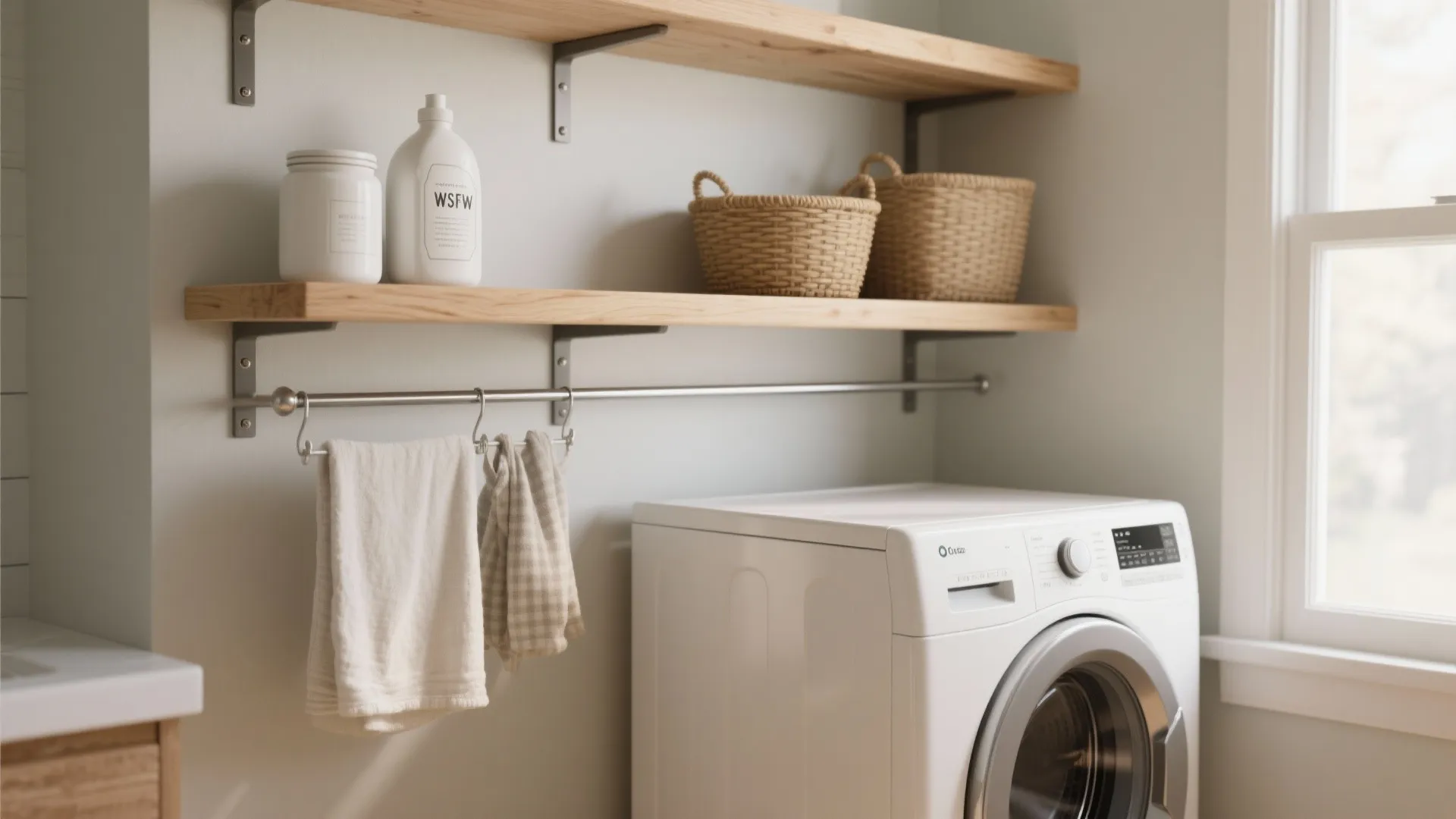 Laundry room wooden floating shelves above washing machine with baskets bottles and hanging white towels