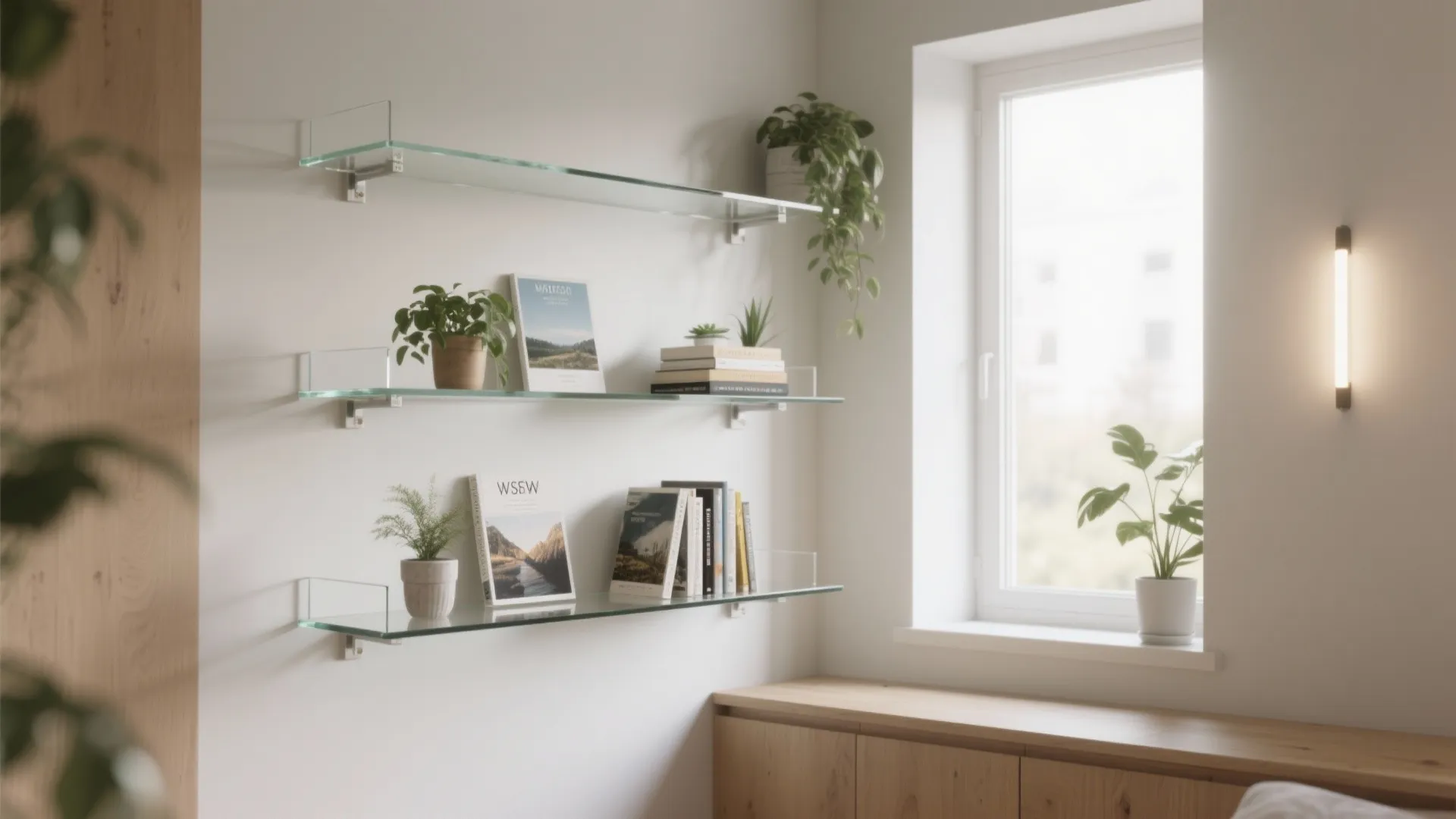 Floating Glass Shelves with Slim Brackets