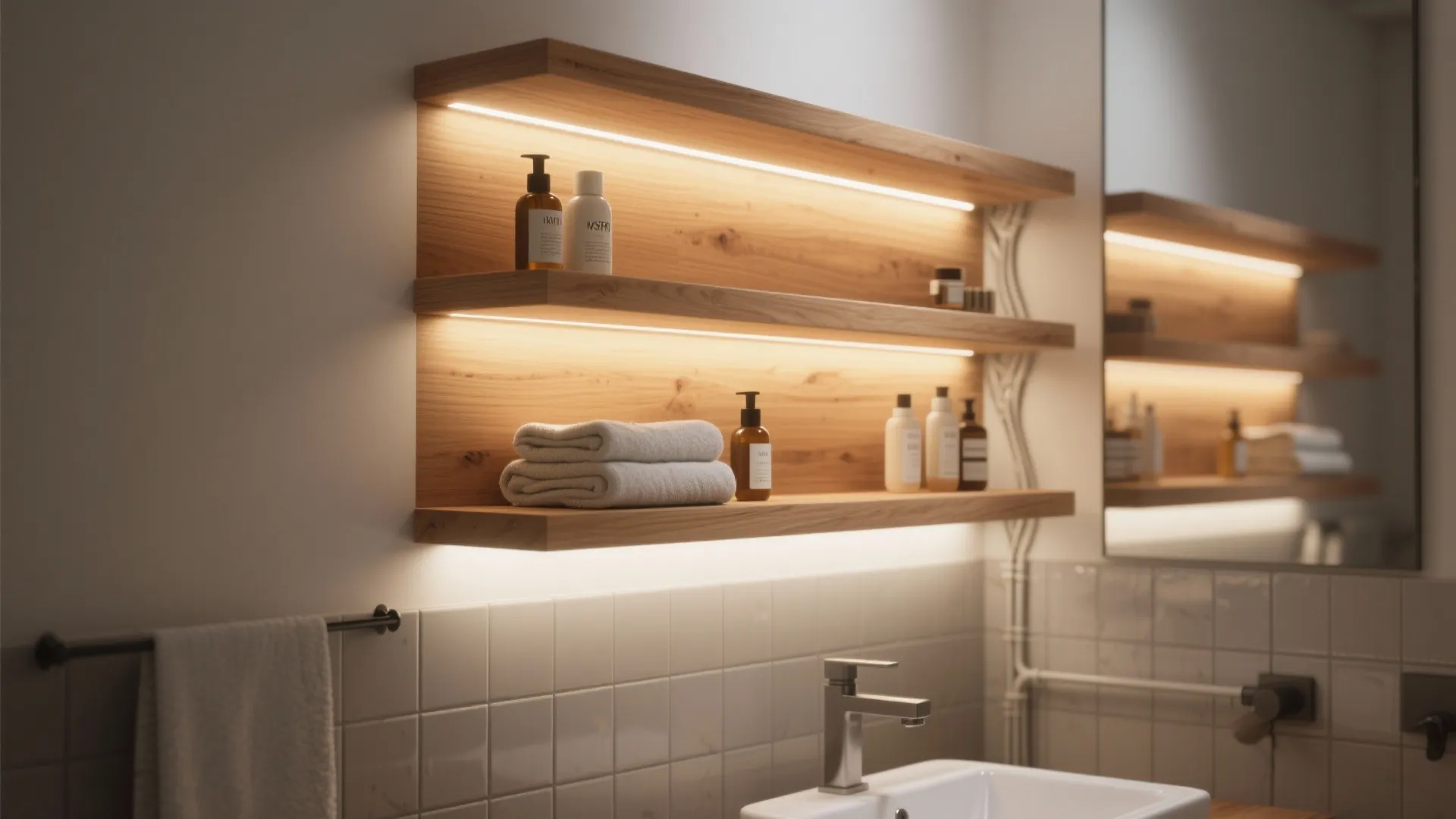 1. Floating Shelves with Built-in Lighting