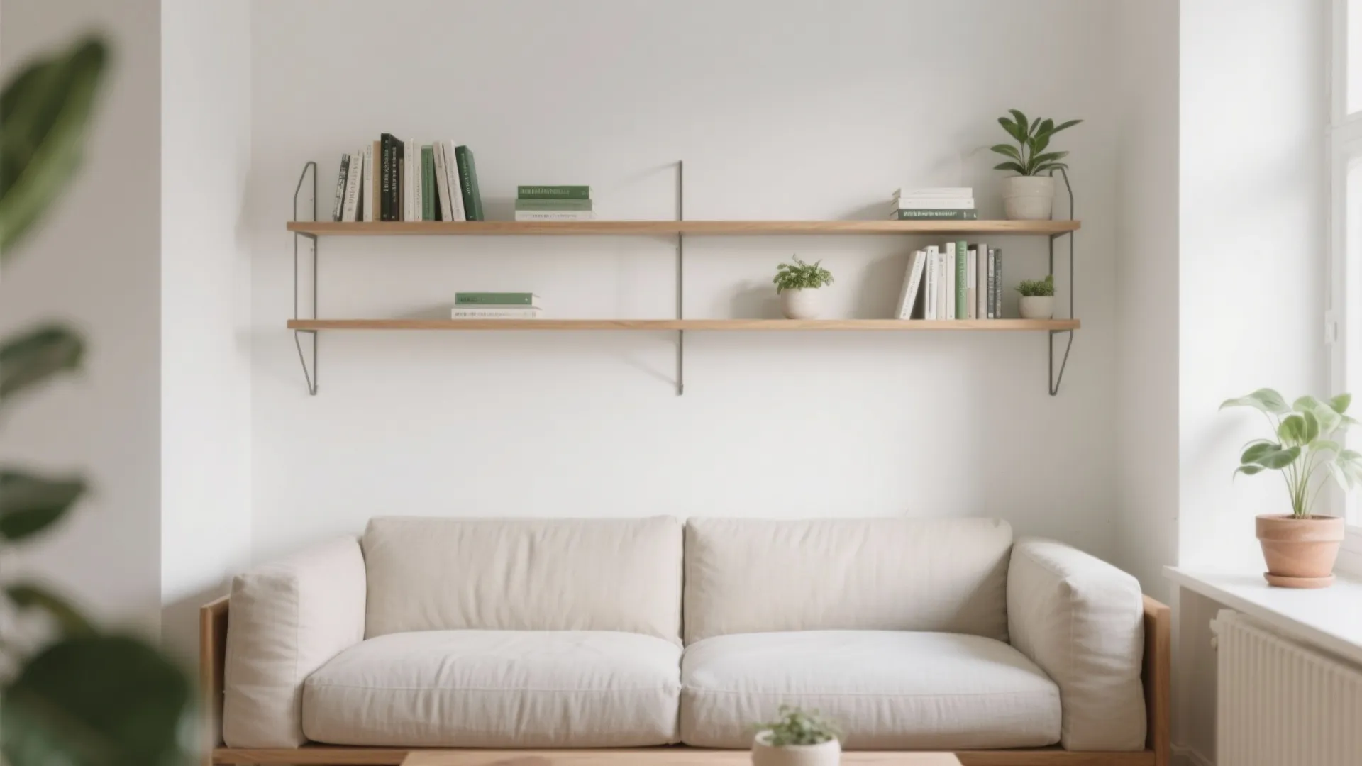 Beige sofa sitting below wooden wall shelves holding green books and small potted plants indoors