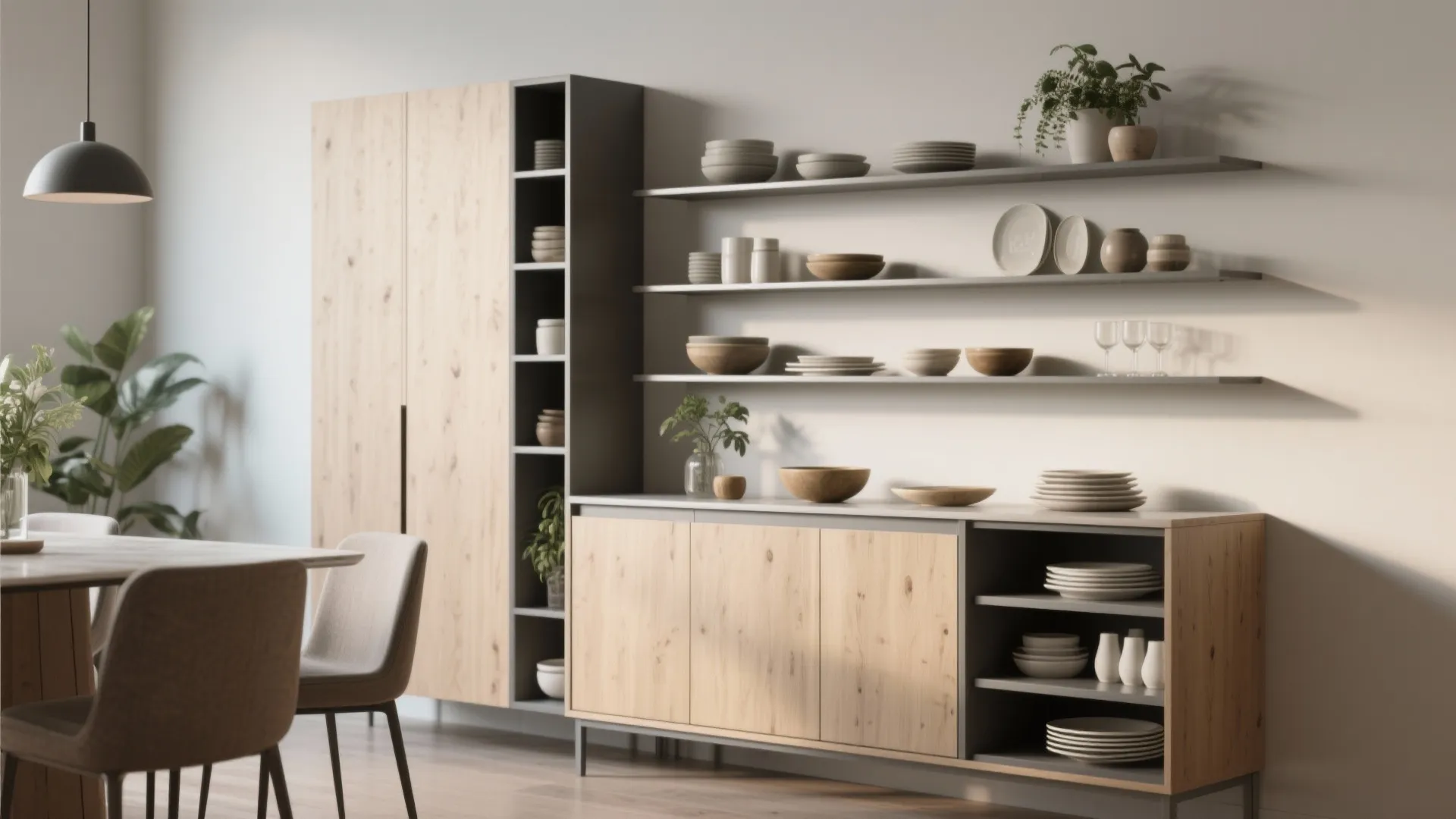 Slim buffet with staggered floating shelves holding dishes and plants, showing clear headroom over seating.