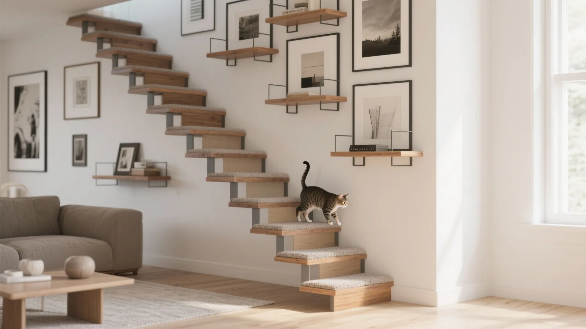 Cat walking down wooden stairs in a room with floating wall shelves and picture frames