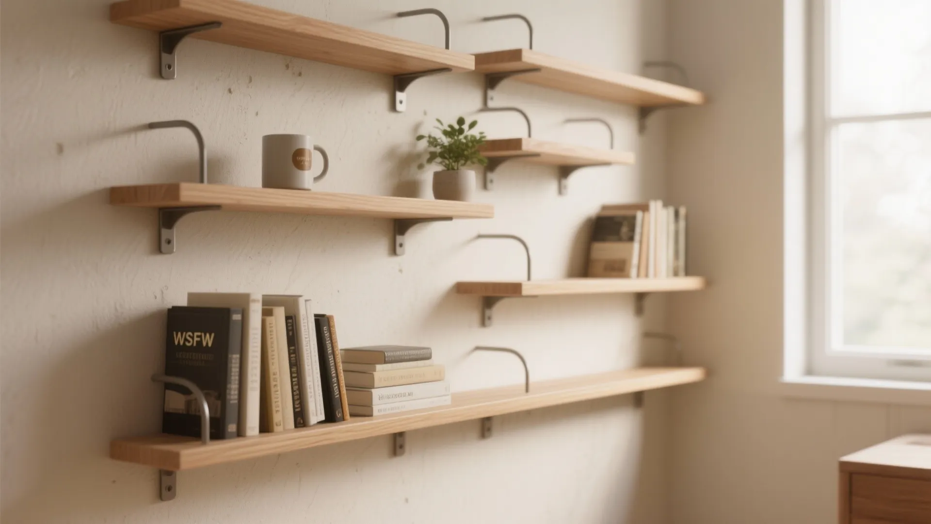 Multiple wooden shelves with metal brackets holding books and a white mug on a wall