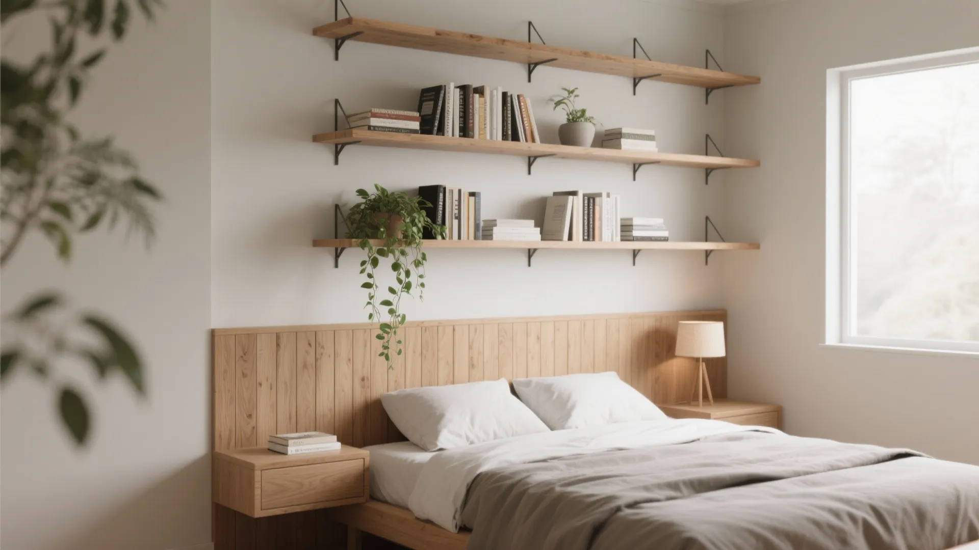1. Floating shelves above the bed