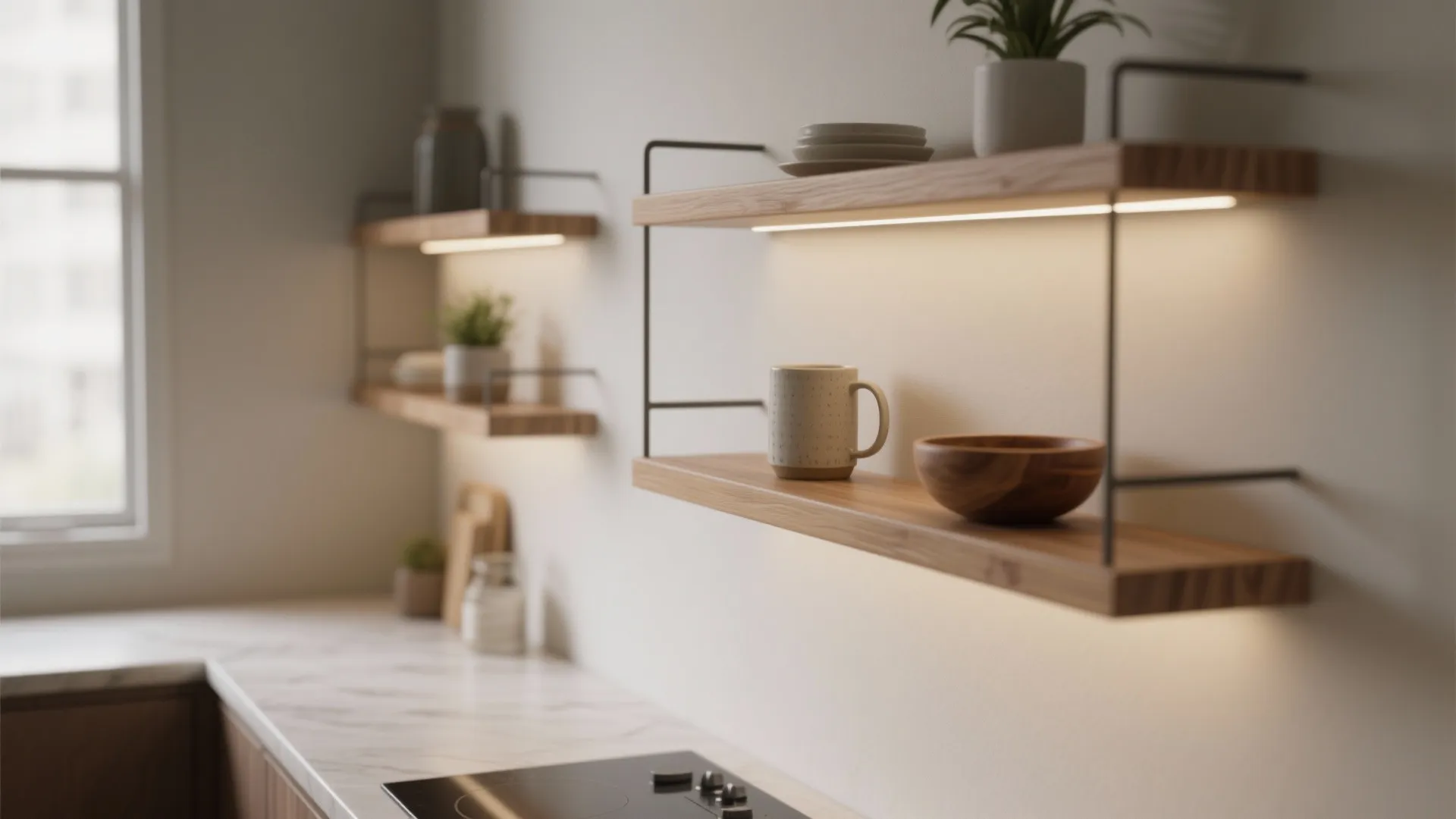 Wooden wall shelves with light fixture underneath holding a ceramic mug and small wooden bowl