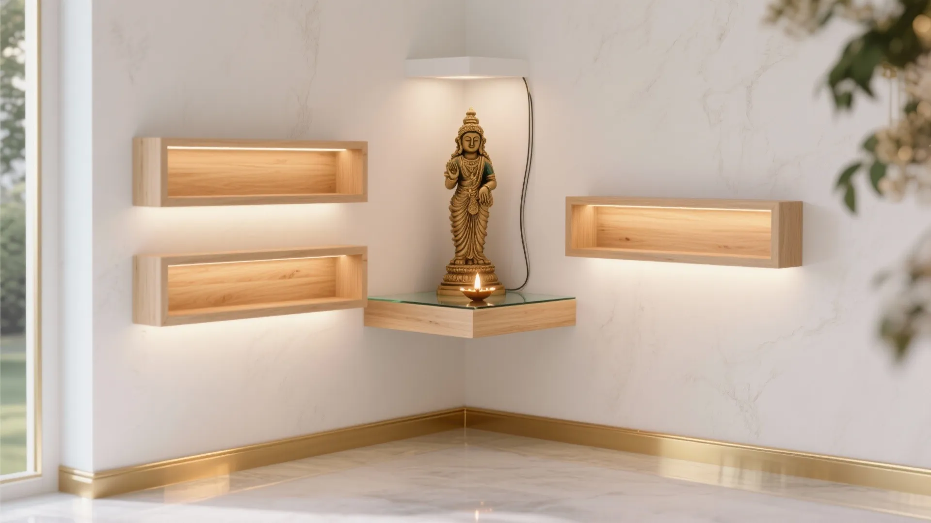 Floating Corner Pooja Shelves with LED Backlight