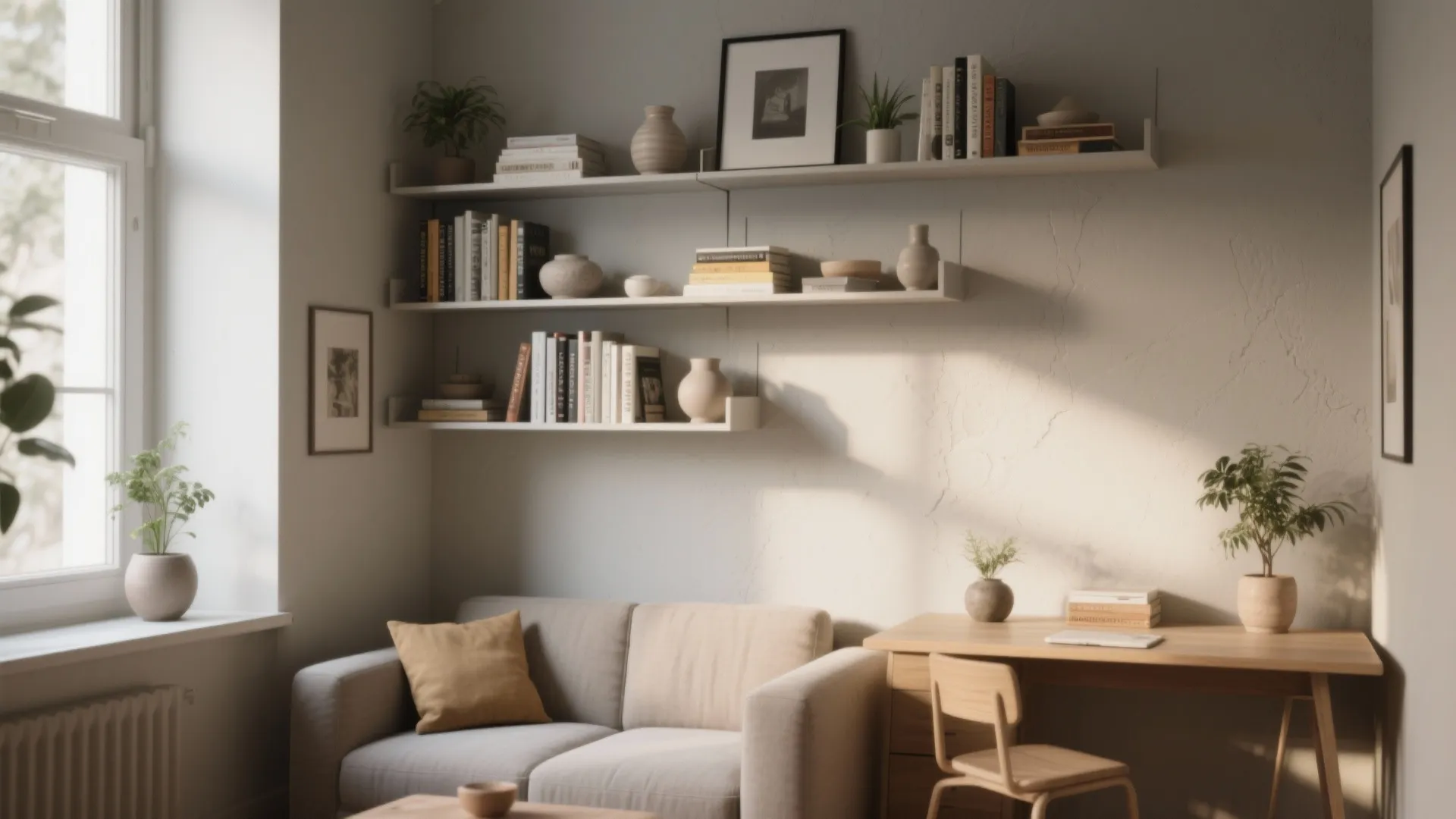 Floating staggered shelves above a small sofa and desk in a compact room, styled minimally with decor and books.