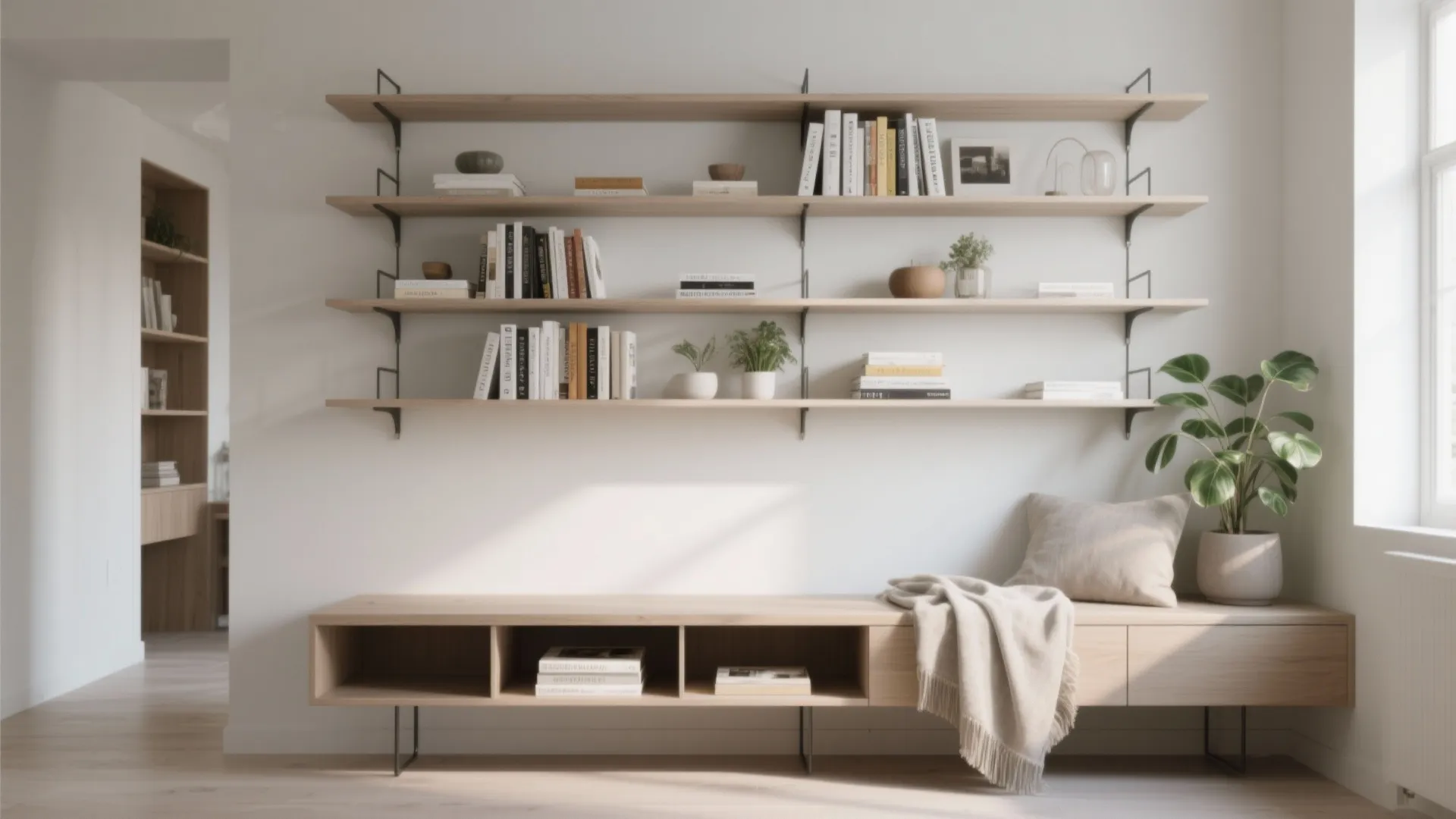 Minimalist wooden floating shelves with books and plants above a low wooden bench and blanket