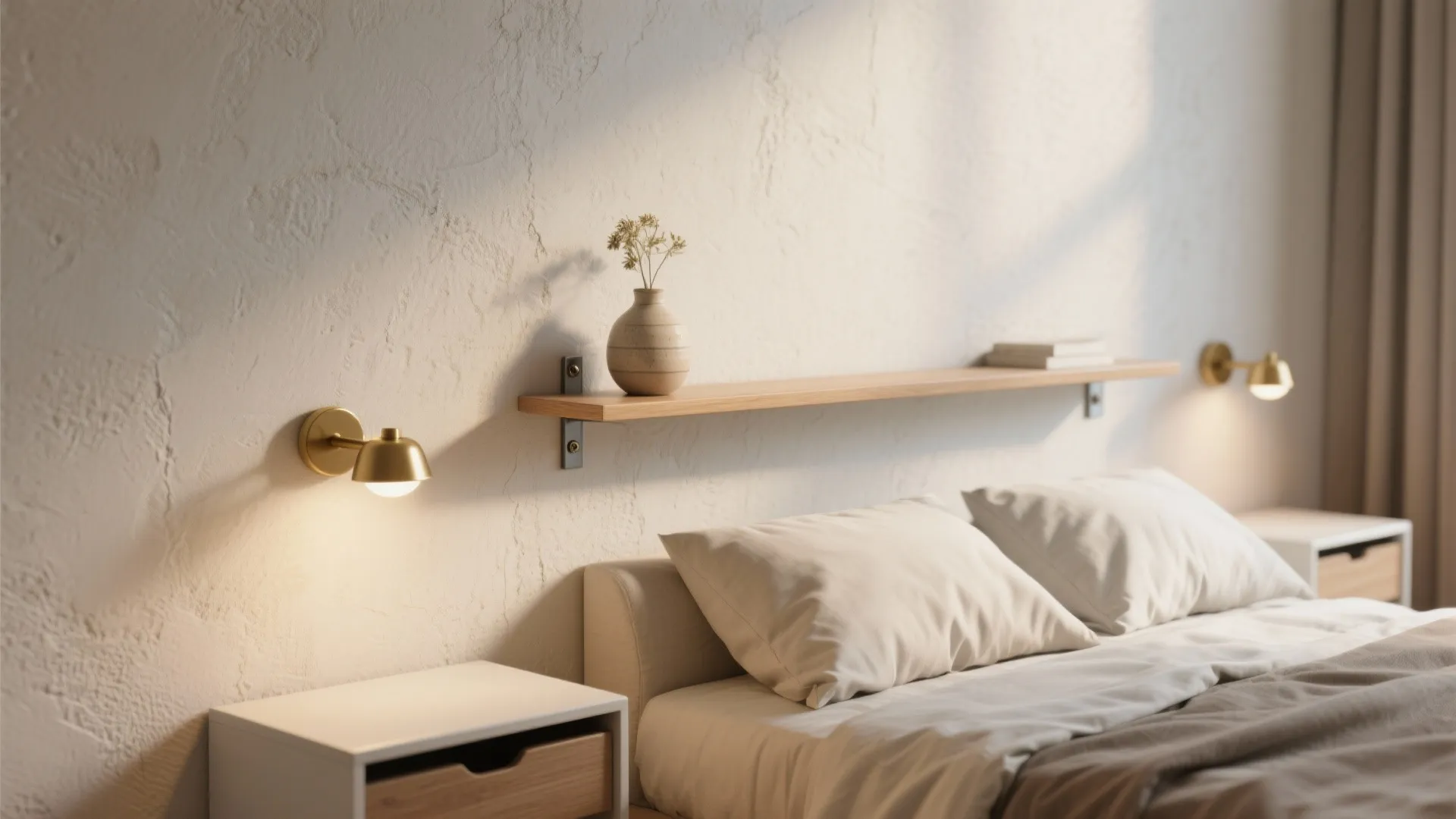 2. Swap bulky nightstands for wall shelves