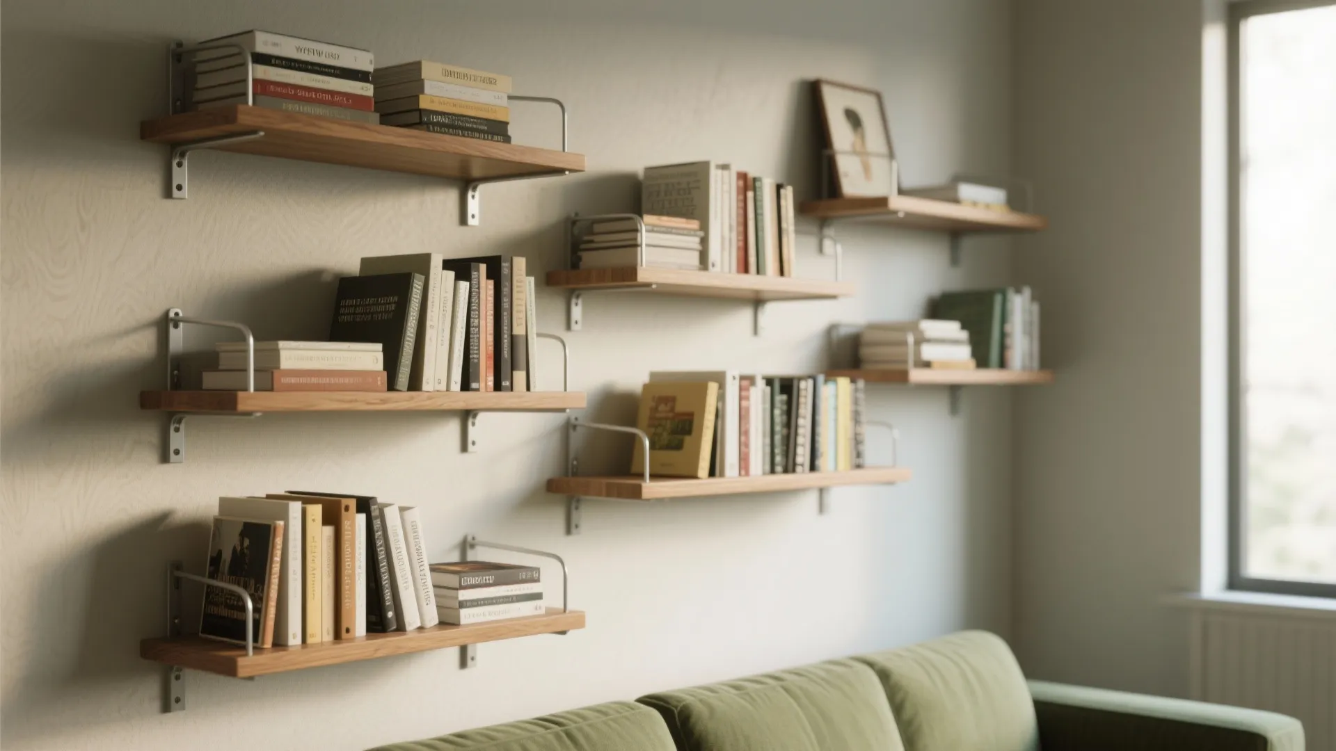 Staggered floating shelves with shallow and deep boards holding paperbacks and art books, hidden brackets visible in detail.