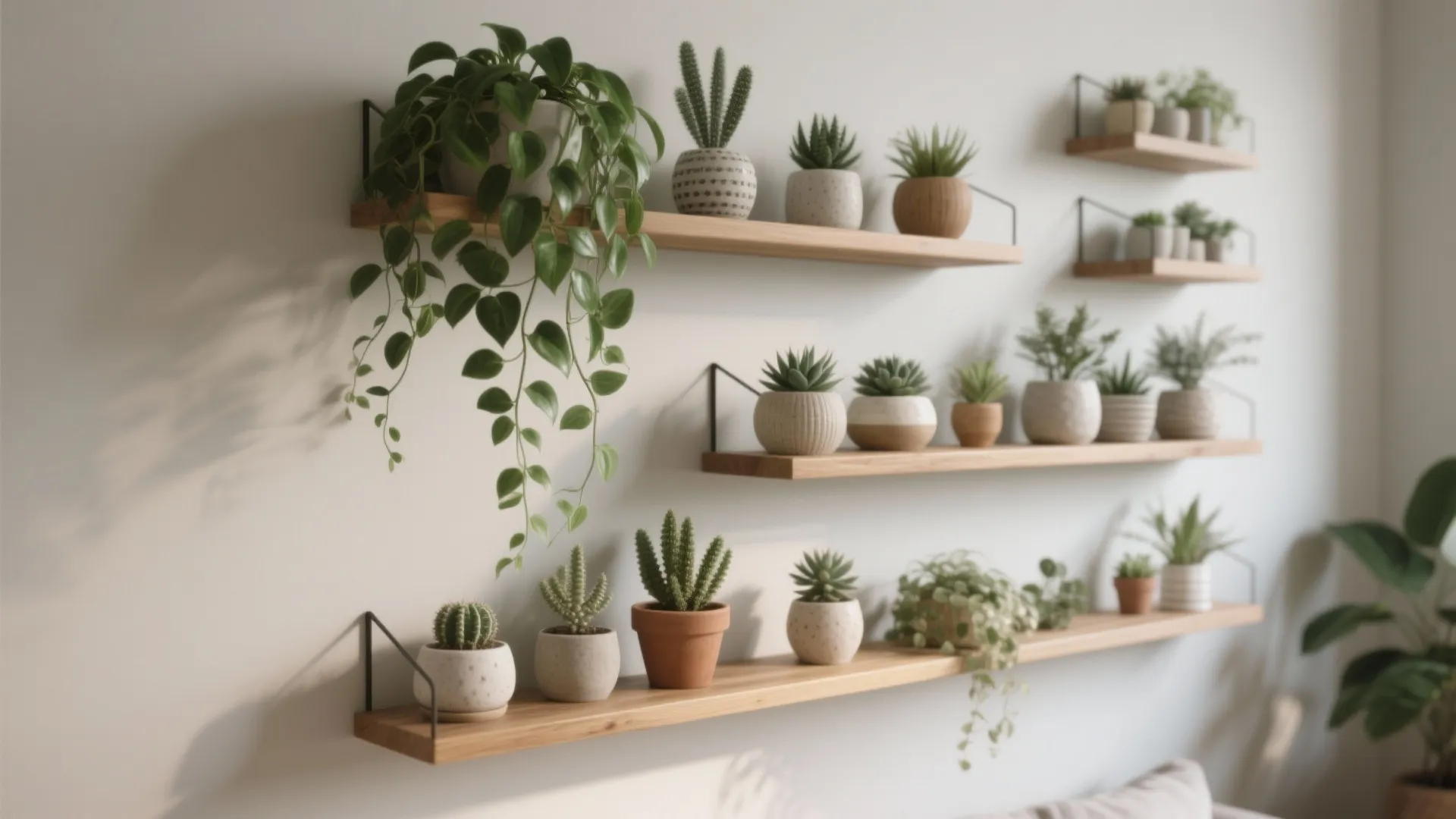 Light wood wall shelves holding many different small green potted plants against a white wall