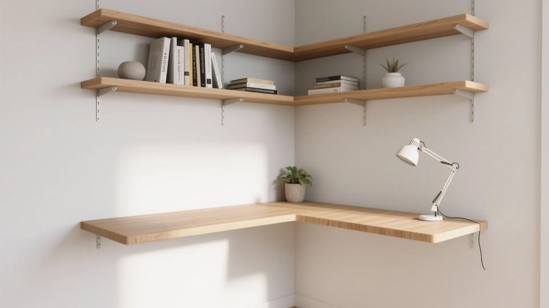 1. Floating Corner Desk with Stacked Shelves