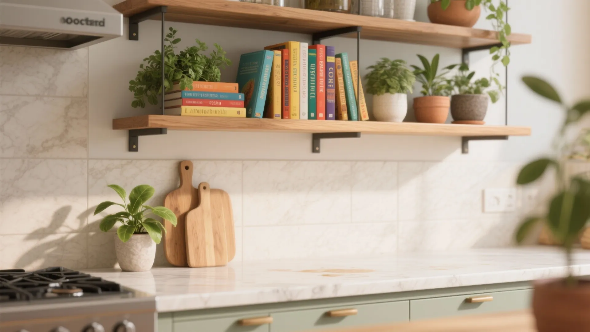 Wooden wall shelves in kitchen holding colorful books and green plants above marble countertop with boards