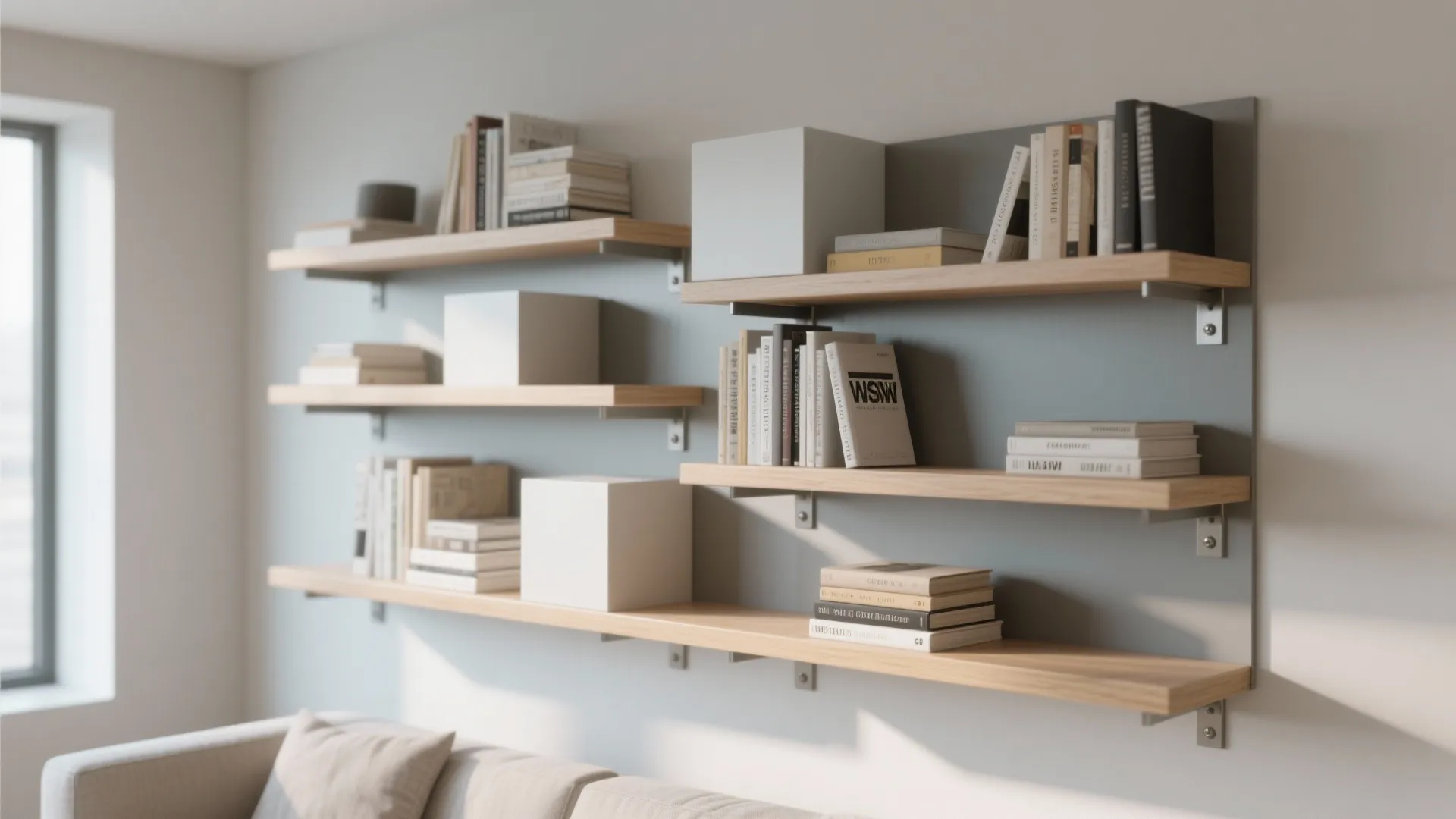 Modern wooden wall shelves with books and white boxes above a light colored fabric sofa