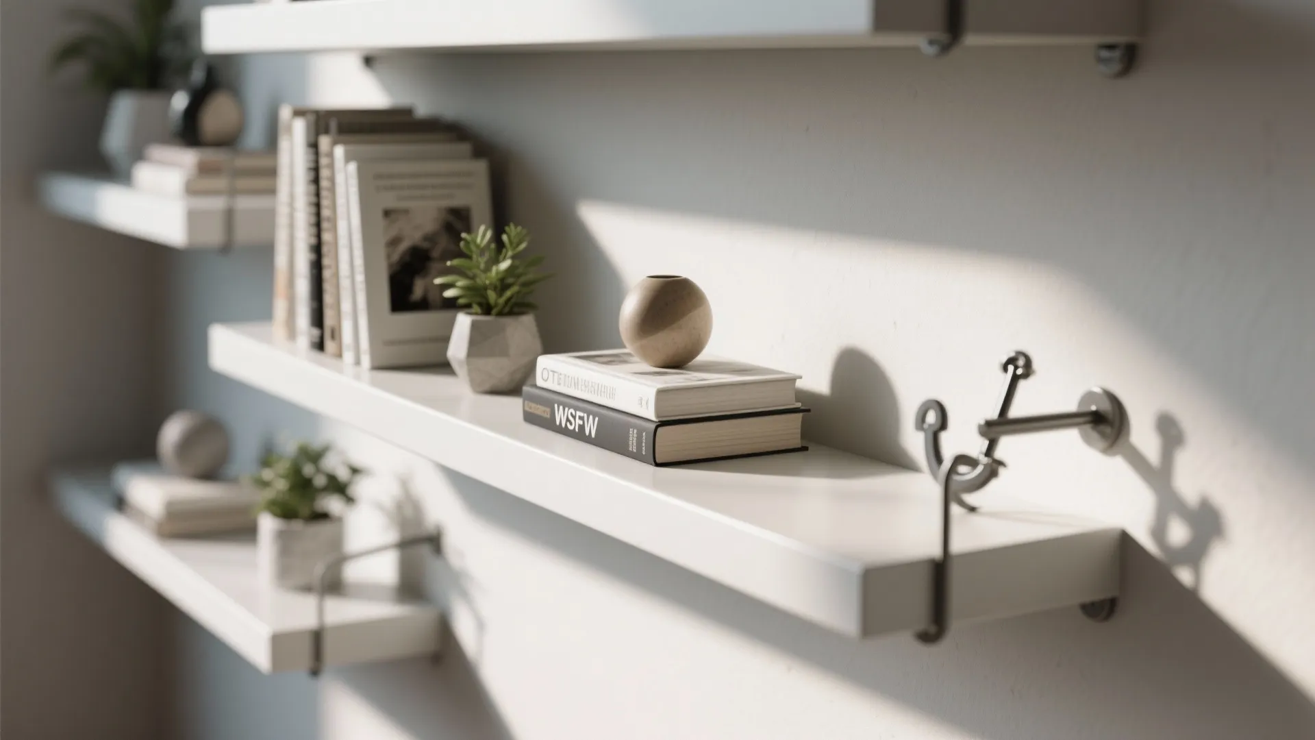 White wall shelves with books and small green plants under bright natural light and shadow