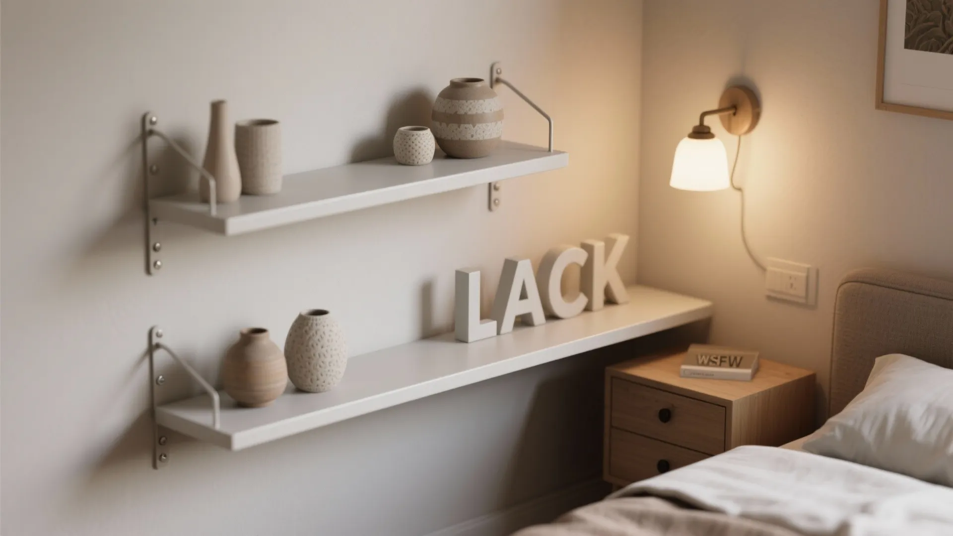 Close-up of floating shelves with a wall-mounted light and painted shelf back in a small bedroom.
