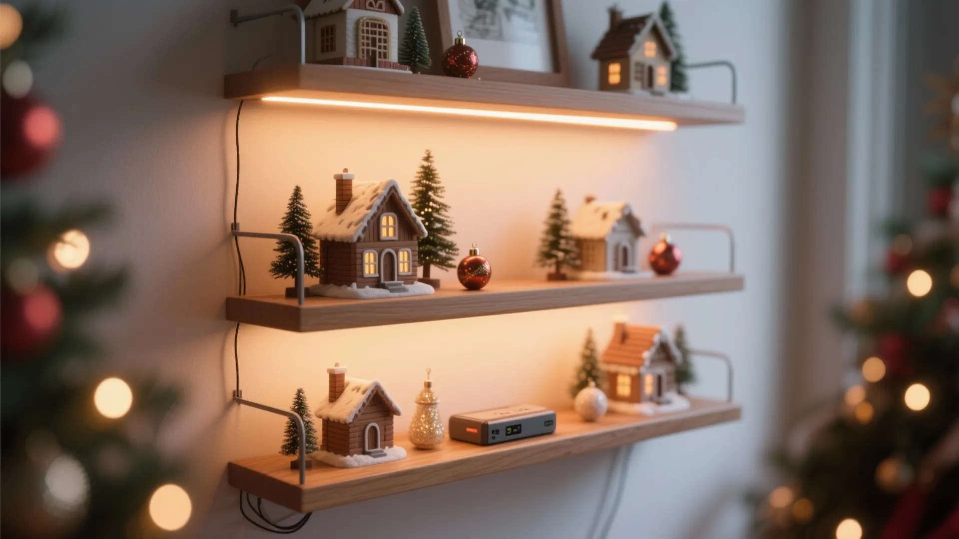 Three wooden wall shelves displaying small toy houses and miniature green trees with warm lighting