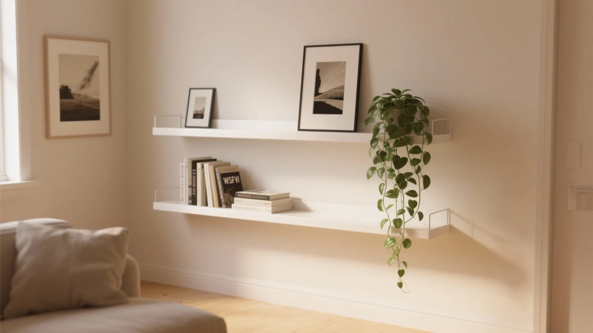 Two white wall shelves with books a green plant and framed photos on a wall