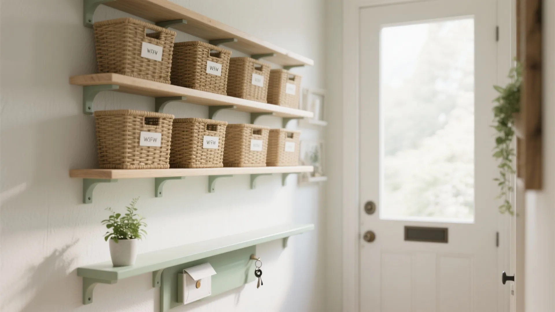 4. Floating shelves and hidden baskets