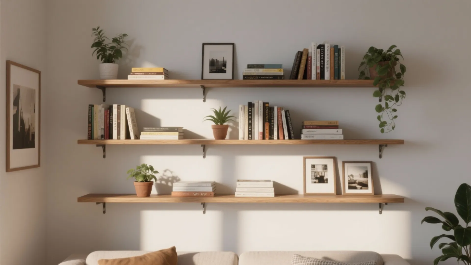 Three wooden wall shelves holding books and green plants with soft sunlight and picture frames
