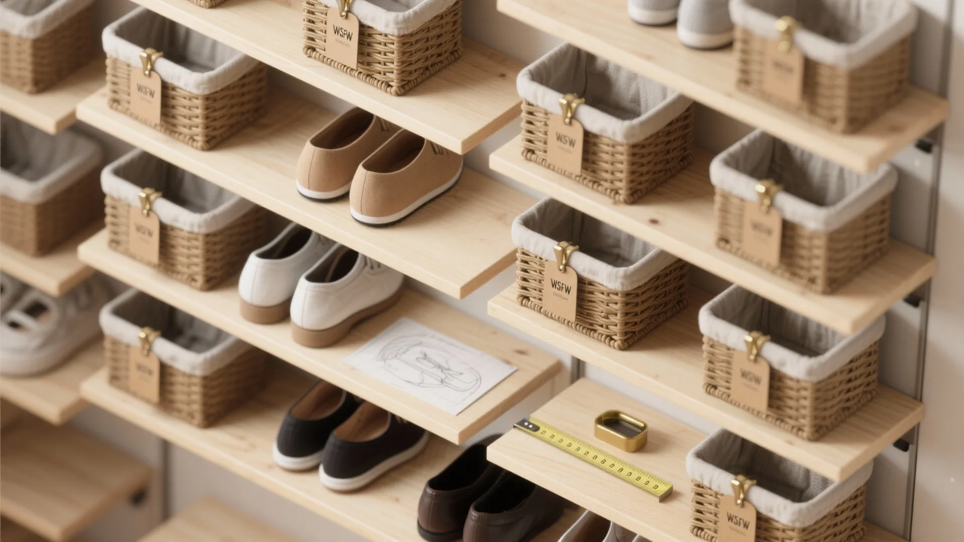 Light wood wall shelves organized with woven storage baskets and several pairs of casual shoes