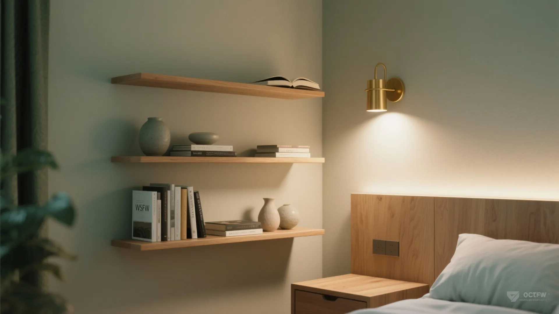 1. Floating shelves + layered lighting