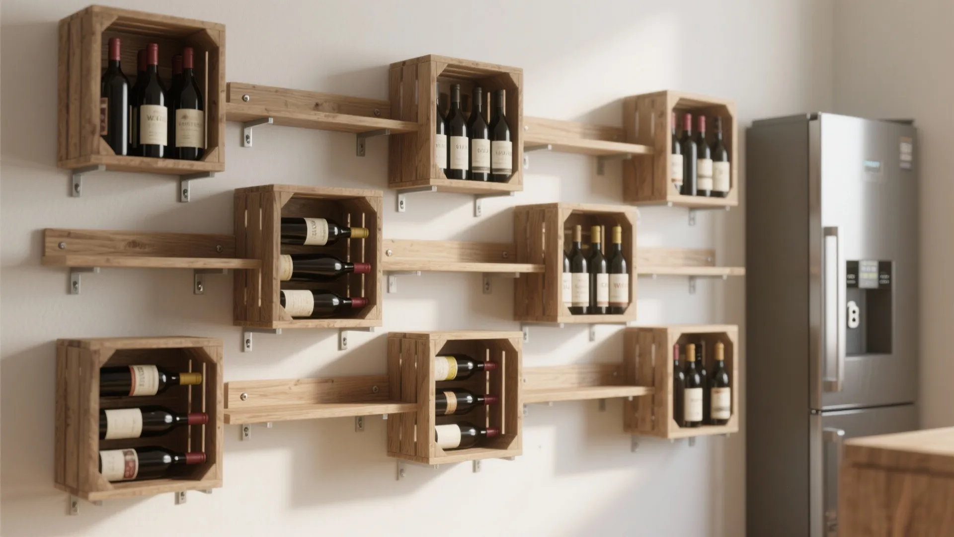 Wall mounted wooden crates used as shelves for wine bottles next to a large metal fridge