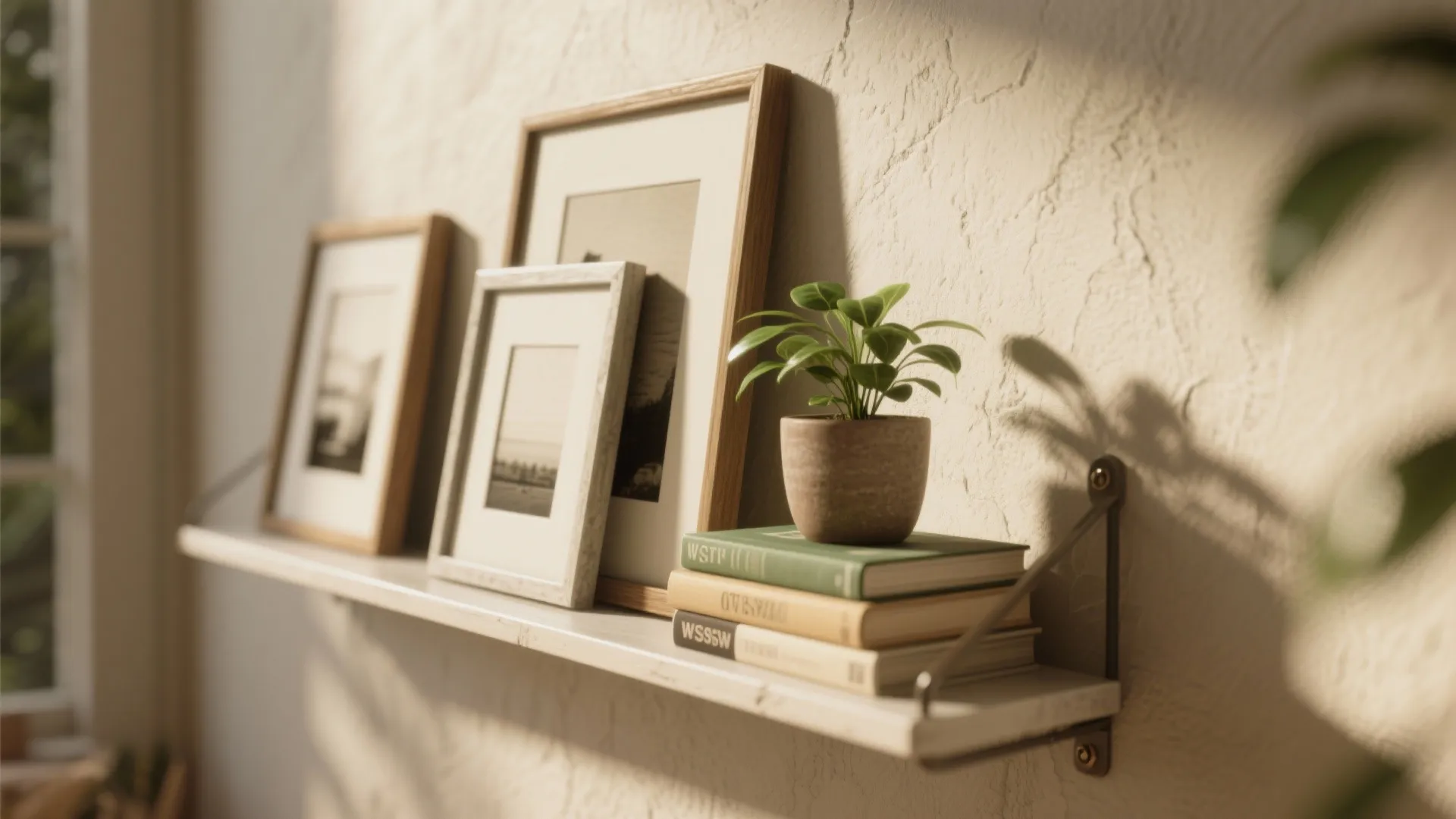 4. Floating Shelves and Leaning Frames for Flexible Styling