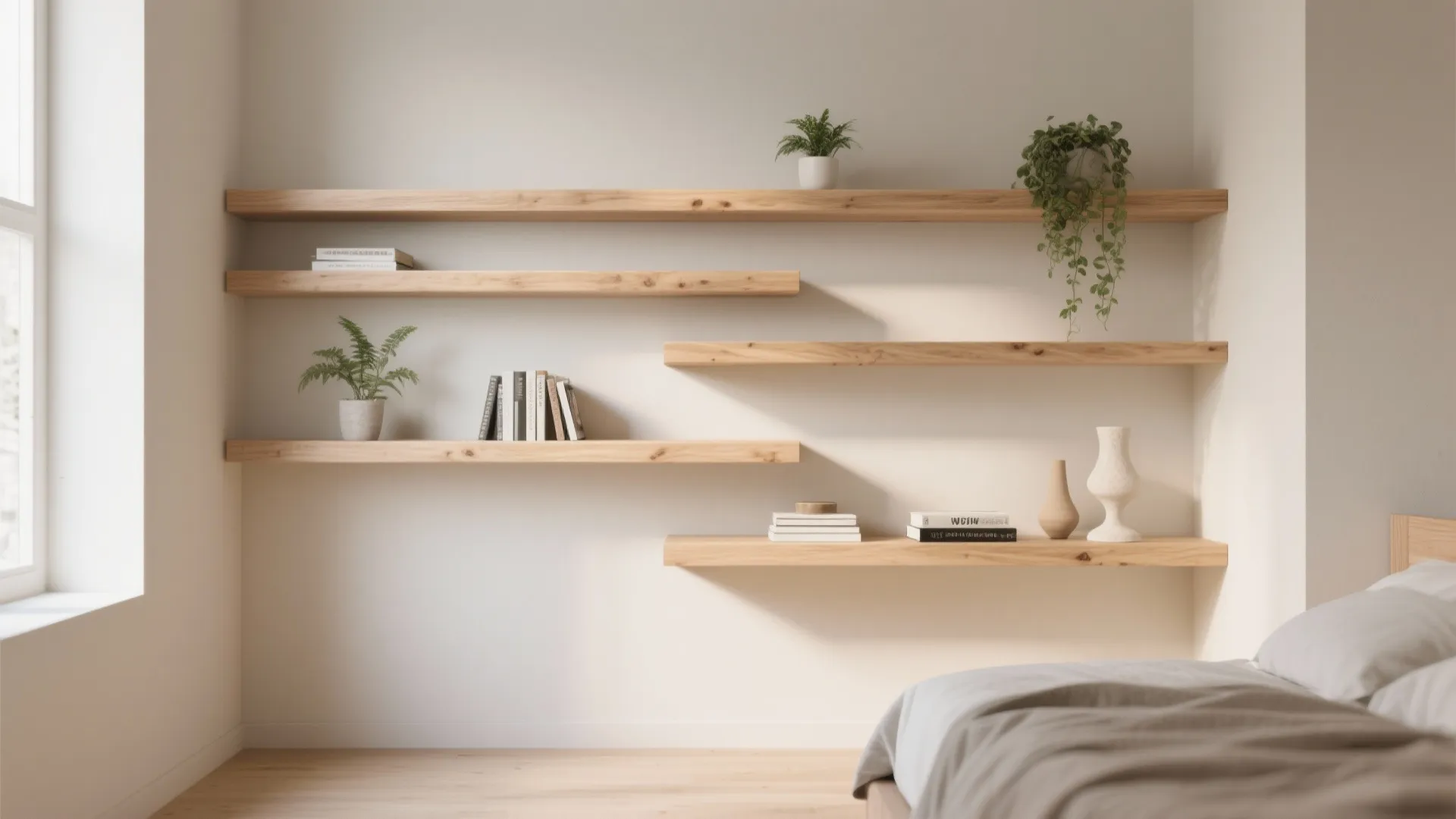 1. Floating shelves in asymmetrical groupings