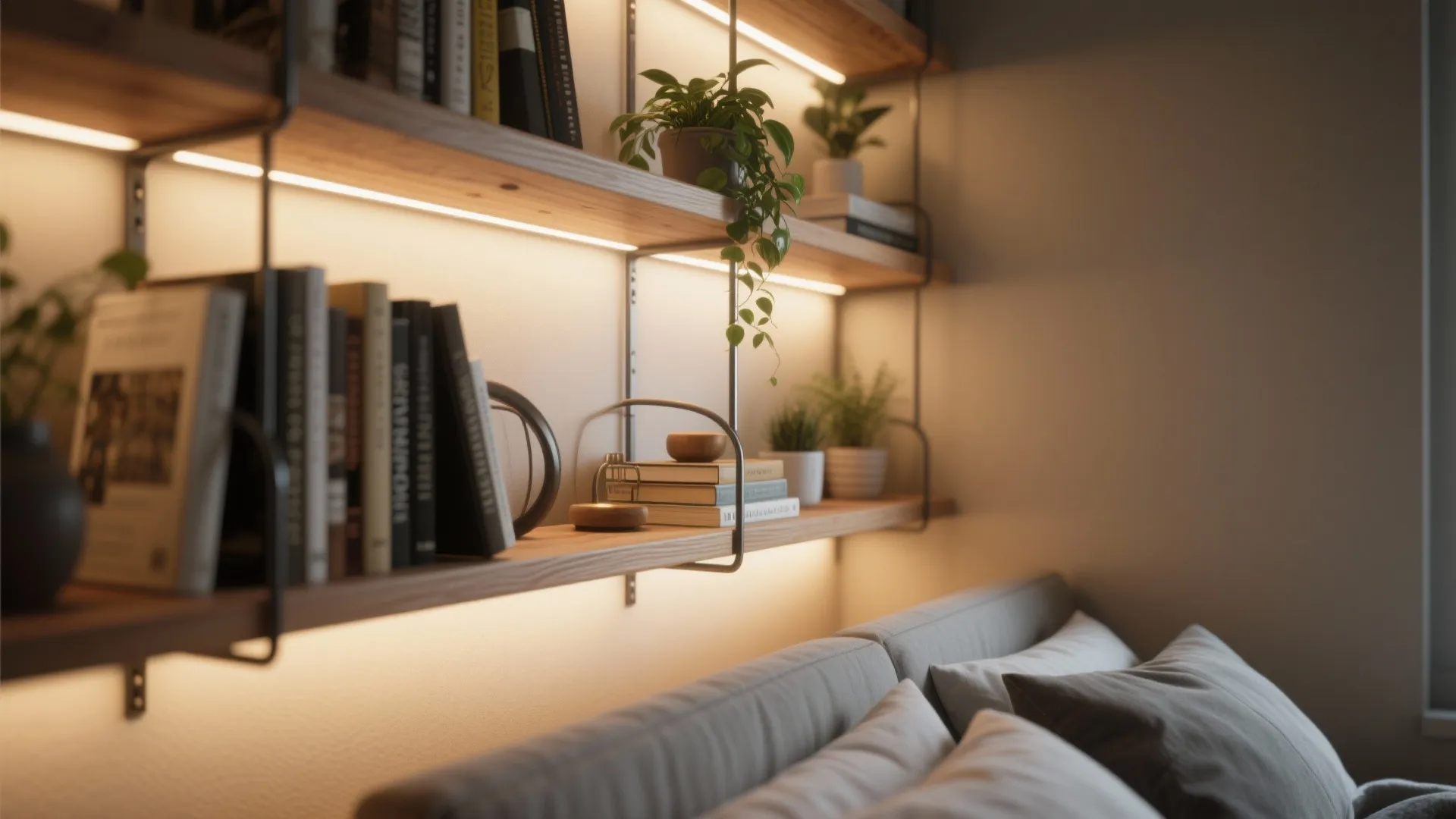 3. Floating Shelves with Integrated Lighting
