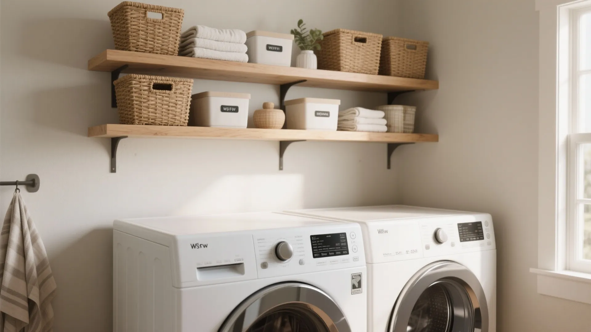2. Floating shelves with baskets for flexible storage