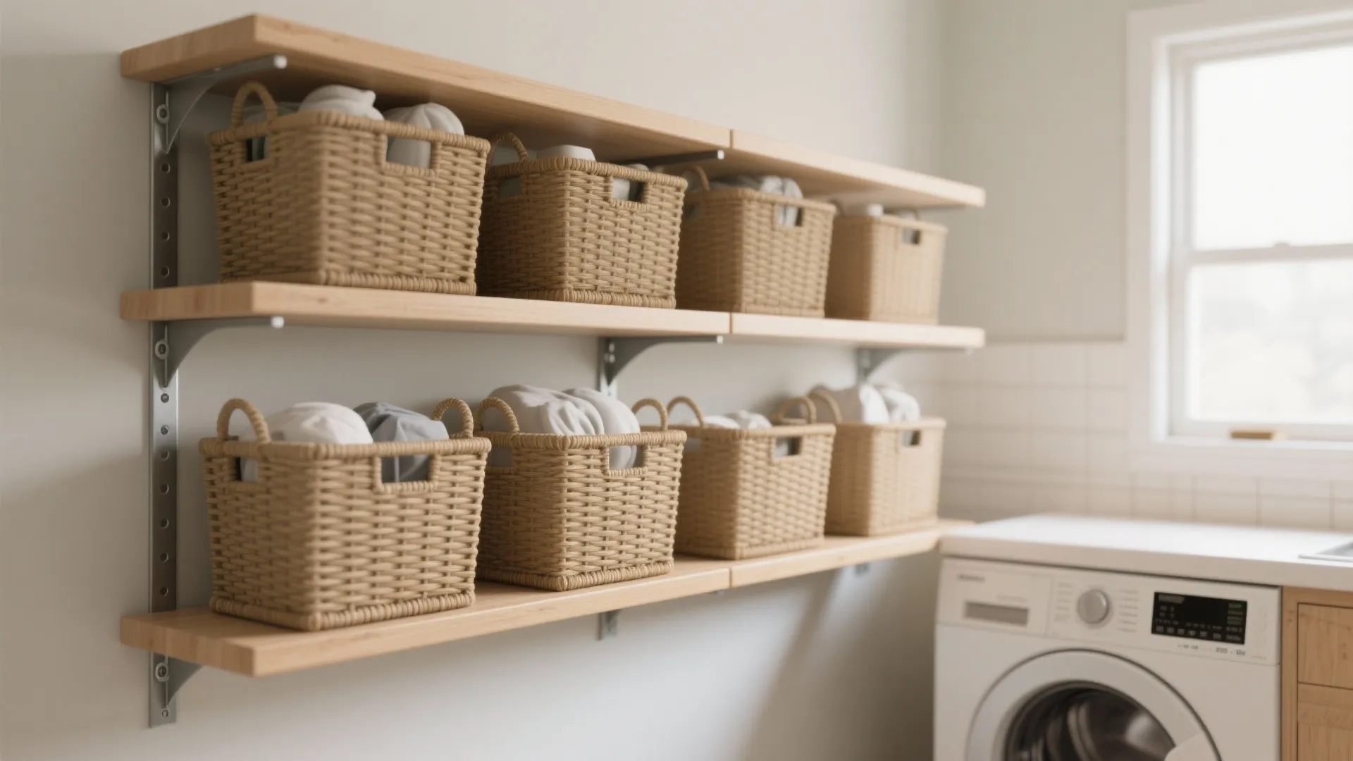 1. Minimalist floating shelves with baskets